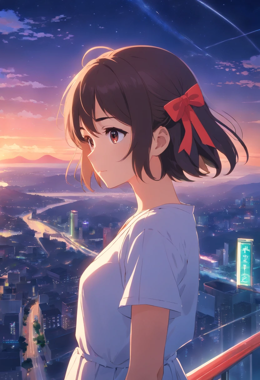 tmasterpiece,best qualtiy,cinematic Film still from,solo,1girl,Fine face,Fine hair,finely quality eyes,white dresses,Red ribbon,Cross your hands over your chest,(night sky background:0.7)