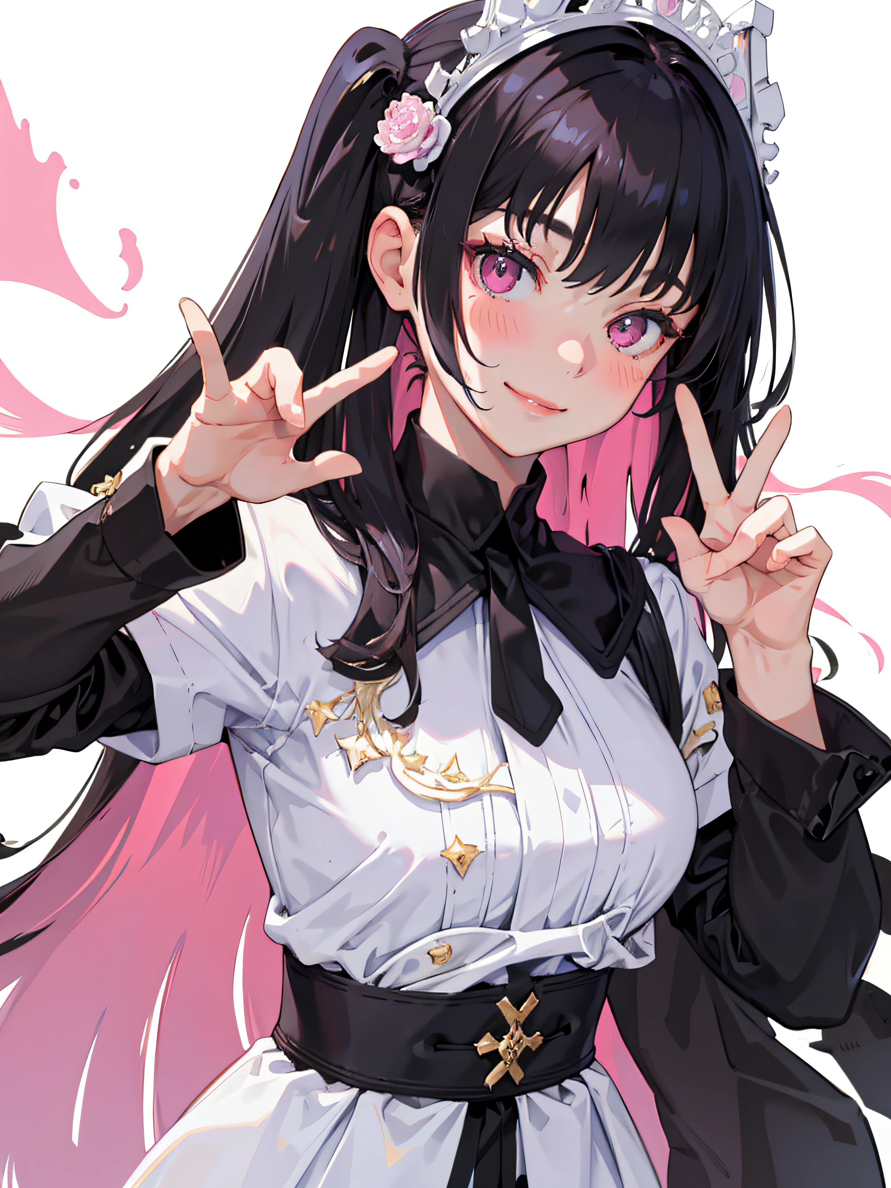 ((masterpiece, best quality)), (1girl), (solo), pink eyes, white background, (black hair, bangs), slight blush, starry eyes, face focus, peace sign, smile