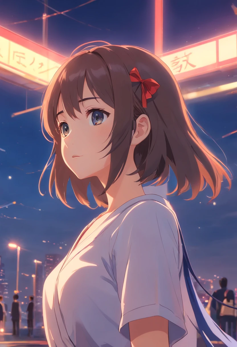 tmasterpiece，best qualtiy，cinematic Film still from，solo，1girl，Fine face，Fine hair，finely quality eyes，white dresses，Red ribbon，Cross your hands over your chest，（night sky background：0.7）