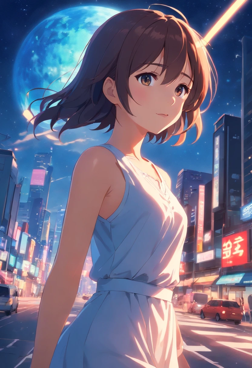 tmasterpiece,best qualtiy,cinematic Film still from,solo,1girl,Fine face,Fine hair,finely quality eyes,white dresses,Red ribbon,Cross your hands over your chest,(night sky background:0.7)
