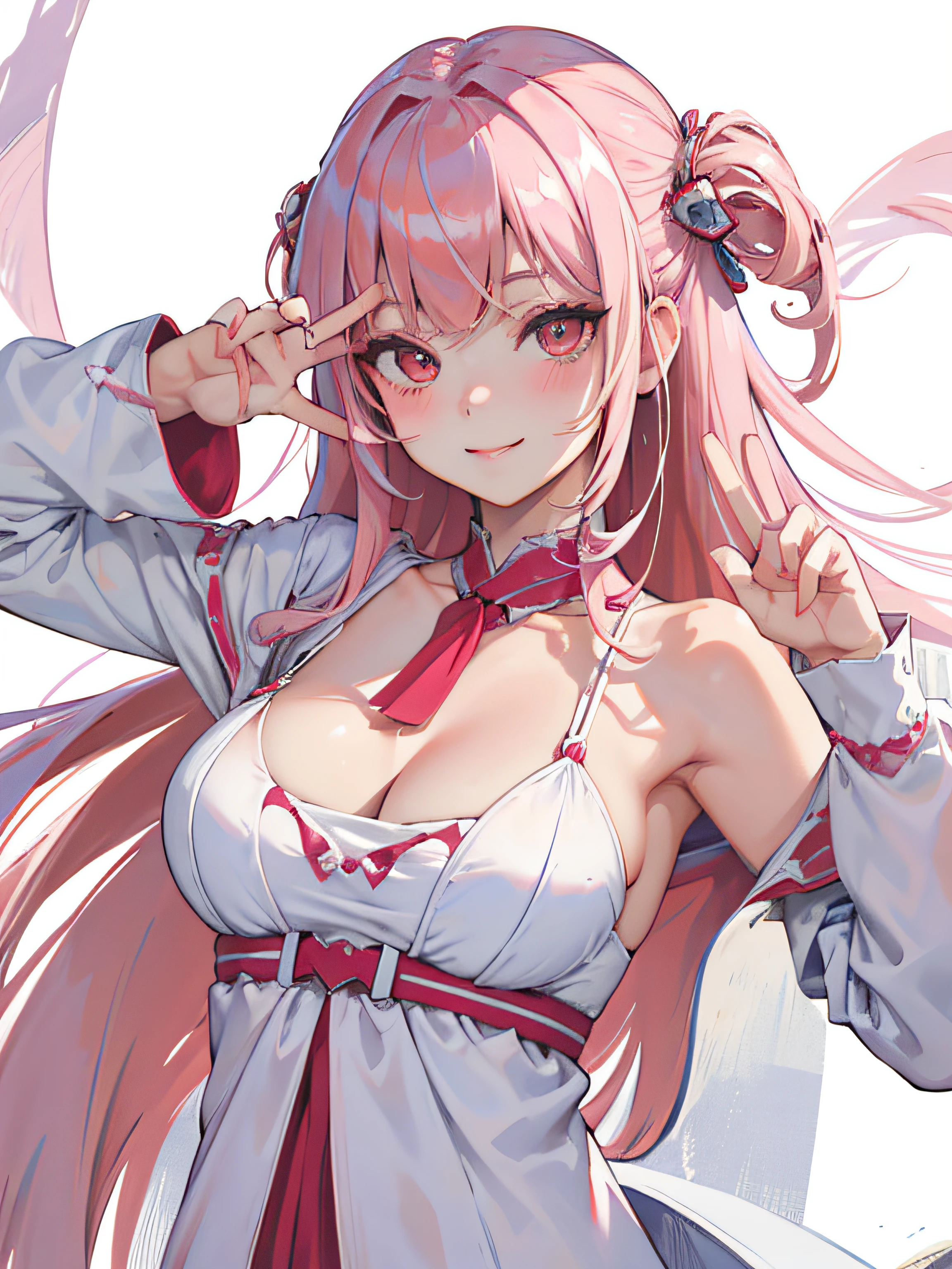 ((masterpiece, best quality)), (1girl), (solo), red eyes eyes, white background, (pink hair, straight bangs), slight blush, starry eyes, face focus, wink, peace sign, smile, thin eyebrows,