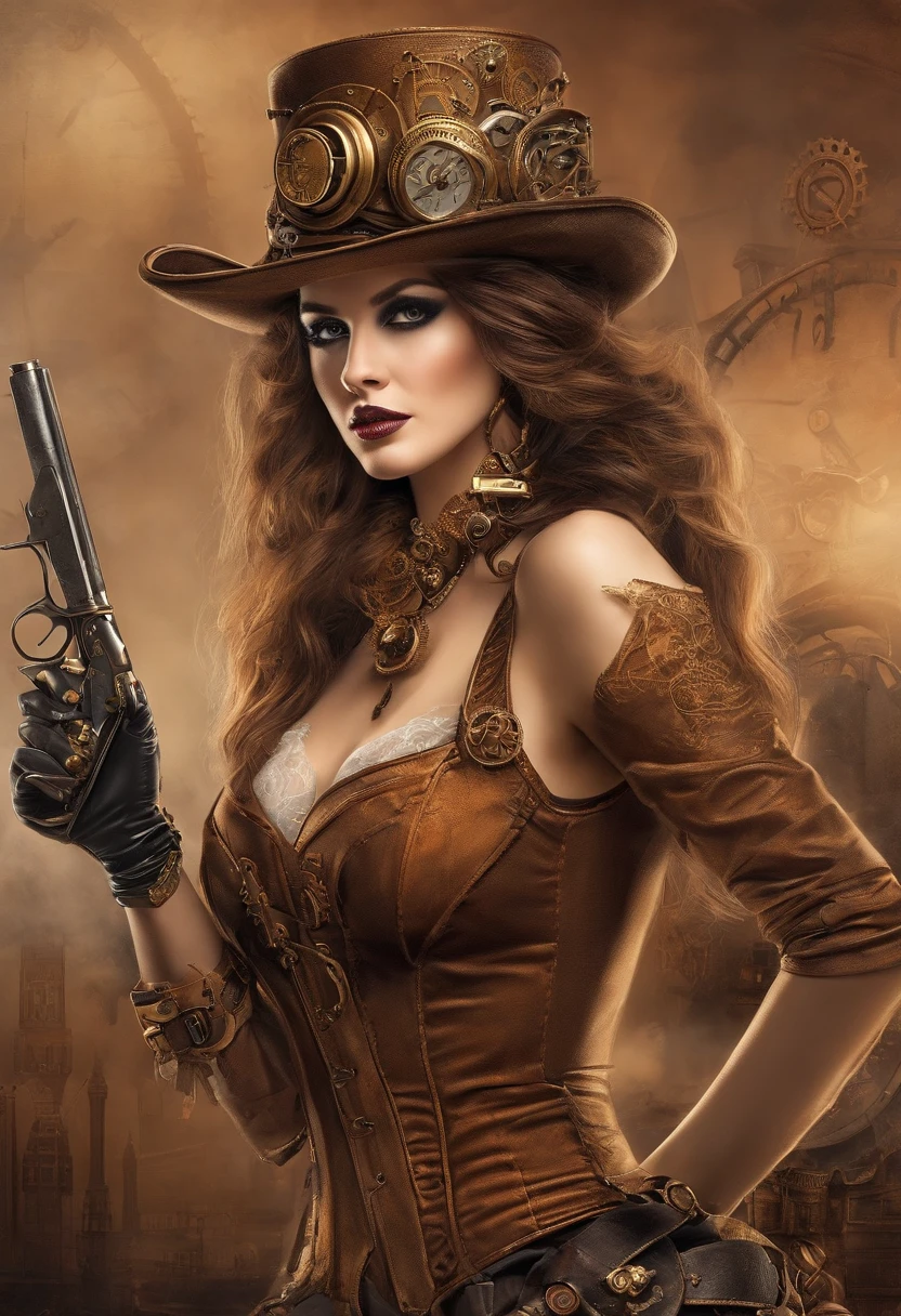 There is one wearing a steampunk hat，Woman with gun., steampunk girl, wearing steampunk attire, age inventor steampunk, (steampunc), ( steampunc ), In steampunk style, steampunc, steampunk fiction, steampunk aesthetic, Beautiful steampunk goddess, steampunk beautiful anime woman, steampunc, Fantasia steampunk, estilo de fantasia steampunk, Steampunk art, steampunk digital art, Steampunk clothing
