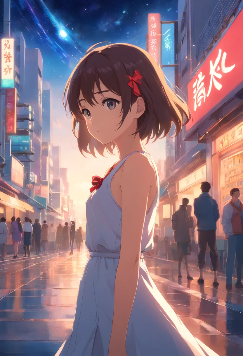 tmasterpiece,best qualtiy,cinematic Film still from,solo,1girl,Fine face,Fine hair,finely quality eyes,white dresses,Red ribbon,Cross your hands over your chest,(night sky background:0.7)