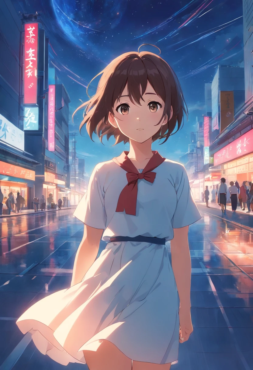 tmasterpiece,best qualtiy,cinematic Film still from,solo,1girl,Fine face,Fine hair,finely quality eyes,white dresses,Red ribbon,Cross your hands over your chest,(night sky background:0.7)