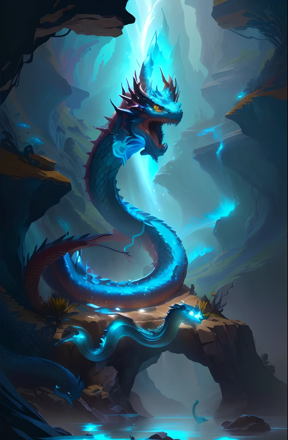 Close-up of a dragon with a long tail in a cave, serpentine water monster, Sea snake, cyan chinese dragon fantasy, Ethereal eel, water dragon, jormungandr, blue scaled dragon, Hydra from Path of Exile, Digital paintings of Quetzalcoatl, blue dragon, Jormungun, naga-tirr, water elemental