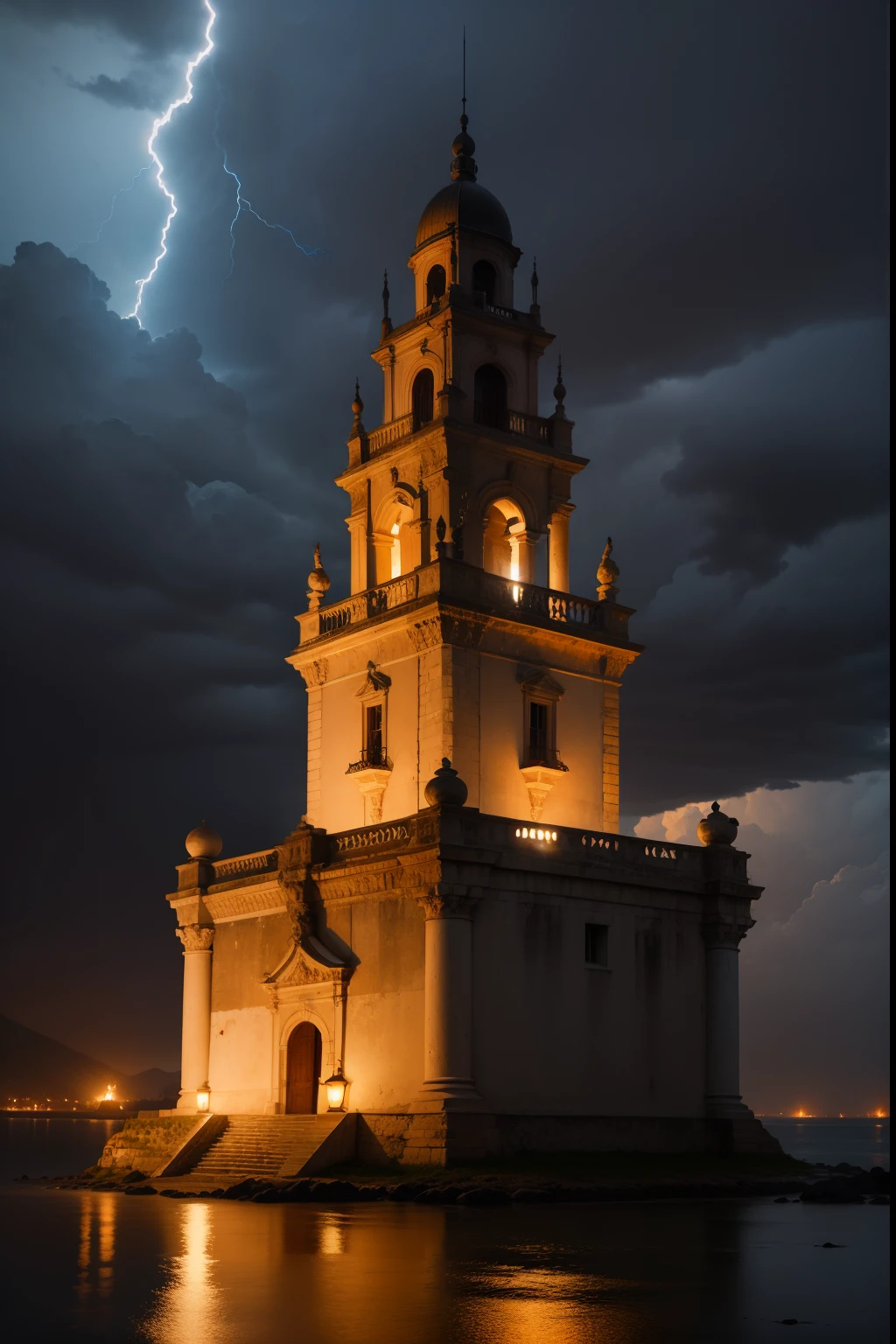 castillo grande, estilo gotico, de noche, tormenta, truenos, rayos, realista