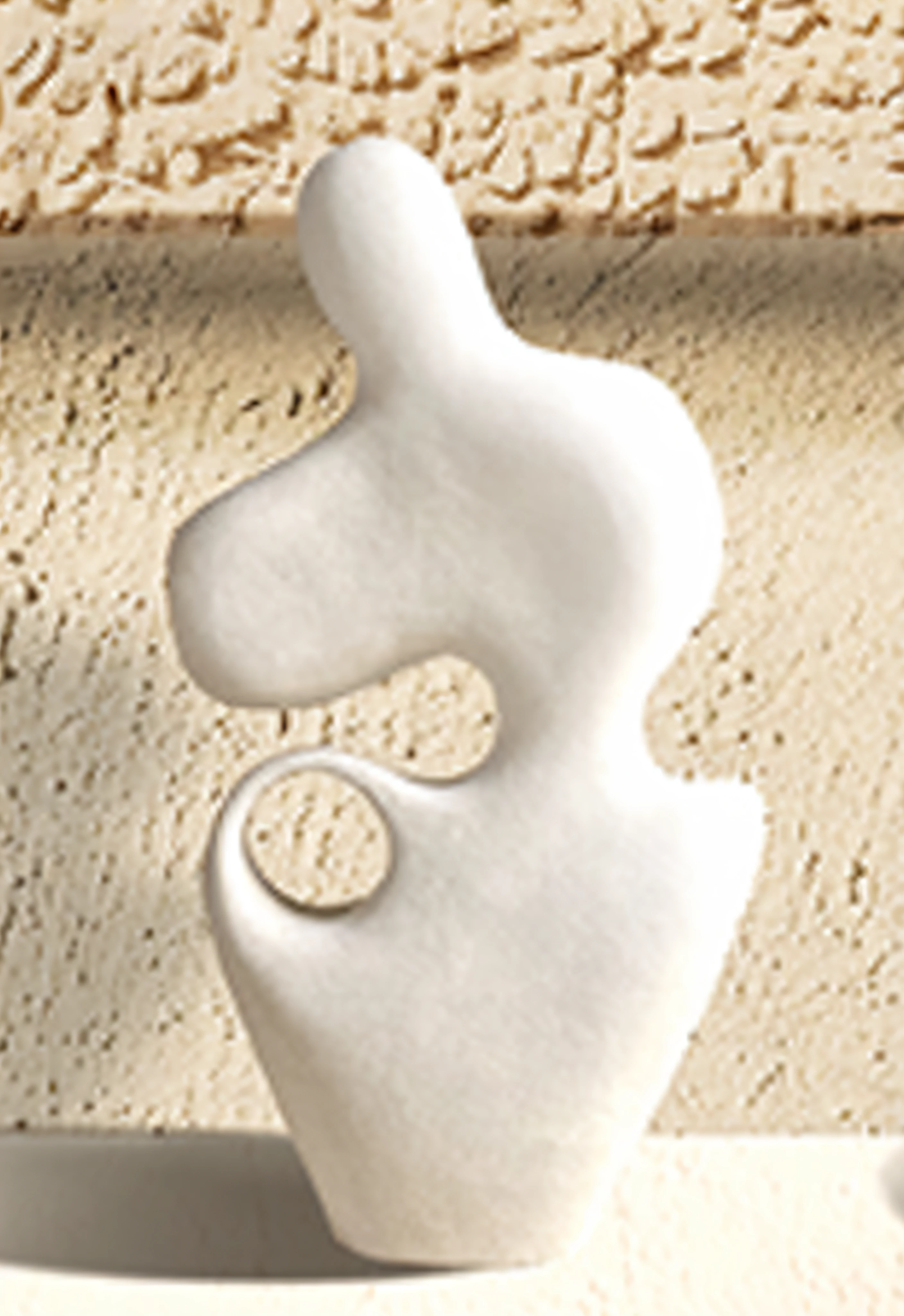 There is a white sculpture on the table,There is a vase on it, inspired by Jean Arp, White carved abstract sculpture, cycladic sculptural style, white ceramic shapes, abstract sculpture, inspired by Alexander Archipenko, The stonework, Cyclades! Sculptural style, abstract sculpture, inspired by Isamu Noguchi, Sculptural, author:Jean Arp