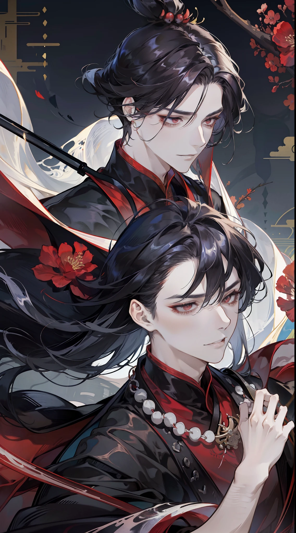 Hmong ager,Exotic,Witchcraft,Myoe Boys,male people,Handsome,Hmong male,Ancients in red and black robes,Ancient wind,Black hair, Black hair, crossed bangs, Long hair, Messy hair, Floating hair, Expressive hair, Hairline, Tentacle hair, Moles under eyes, Raised eyebrows, Semi-closed Eyes, eyeball, Glaring, tareme, Red eyes, long eyelasher, Light smile, Evil smile, Scowl, jitome, Seductive smile, Yandere, fishing, Fang, covering eyes, chin grab, Evil, guilt, hyper HD, Masterpiece, Super detail, High details, High quality, 16k