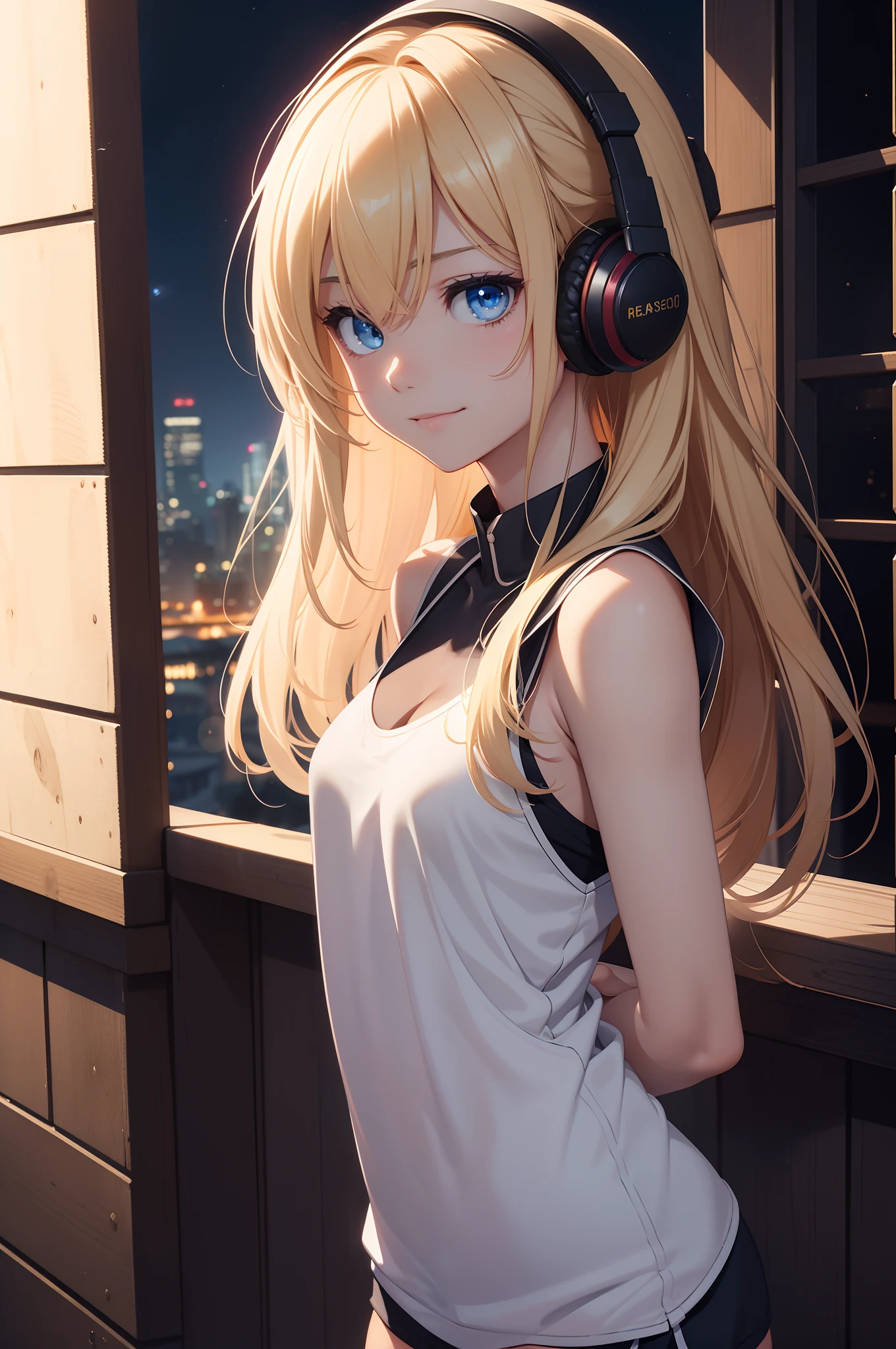 Best Quality、in 8K、32K、masutepiece、ultra-detailliert、超A high resolution、Impresionismo、Photorealsitic:1.2)、Dynamic lighting、dynamic shot、Detailed 3D rendering、Moody lighting、Detailed beautiful face and eyes、A slender、Medium bust、Full body、 Highly detailed background beauty face、Night sky background、20-year-old beauty、super detailed skin、Golden hair、The long-haired、Blue eyes、miscievous smile、uniform、full body Esbian、Shoot in Pull、Wearing headphones、White tank top for upper body、Lower body miniskirt