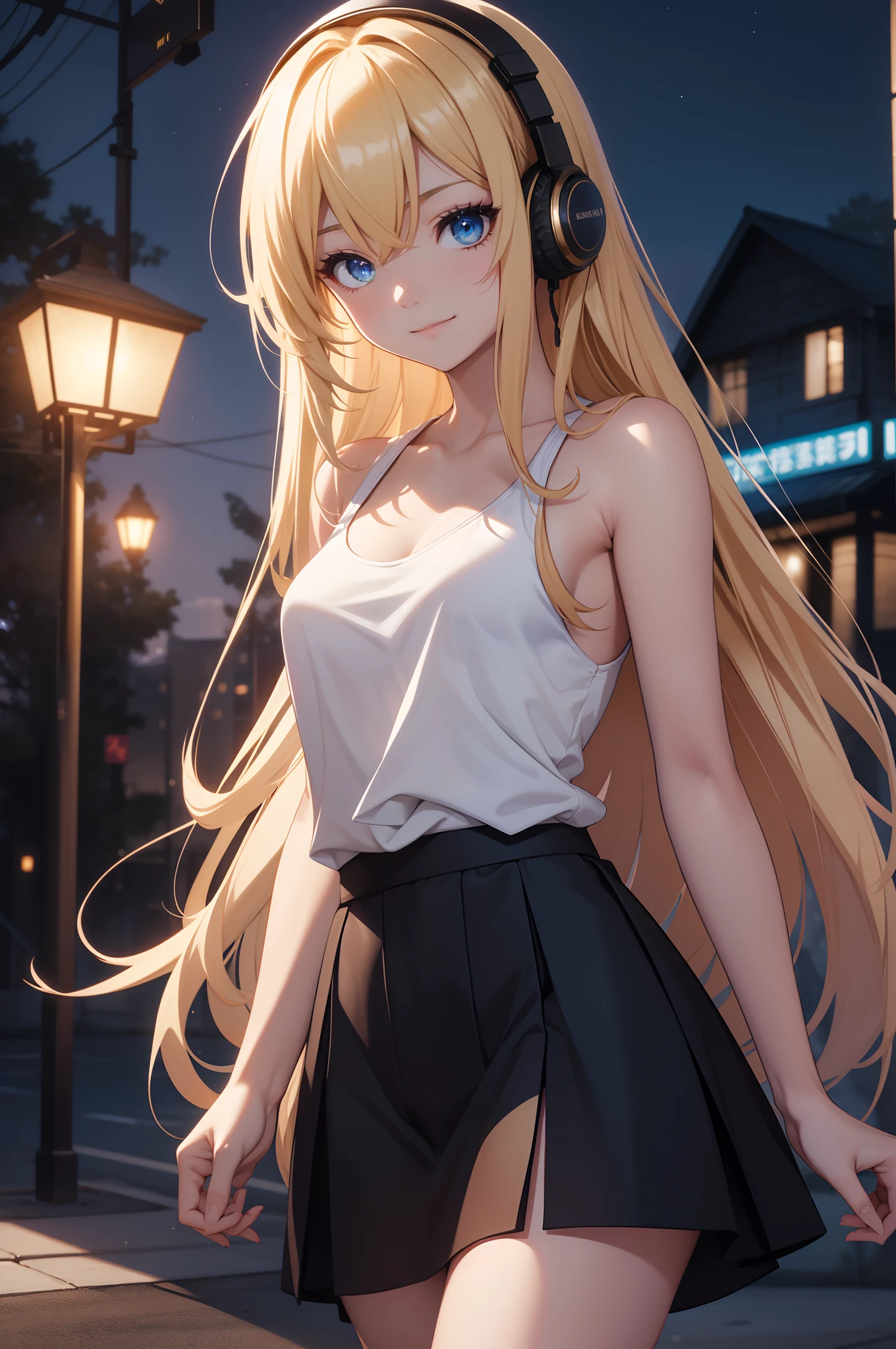 Best Quality、in 8K、32K、masutepiece、ultra-detailliert、超A high resolution、Impresionismo、Photorealsitic:1.2)、Dynamic lighting、dynamic shot、Detailed 3D rendering、Moody lighting、Detailed beautiful face and eyes、A slender、Medium bust、Full body、 Highly detailed background beauty face、Night sky background、20-year-old beauty、super detailed skin、Golden hair、The long-haired、Blue eyes、miscievous smile、uniform、full body Esbian、Shoot in Pull、Wearing headphones、White tank top for upper body、Lower body miniskirt