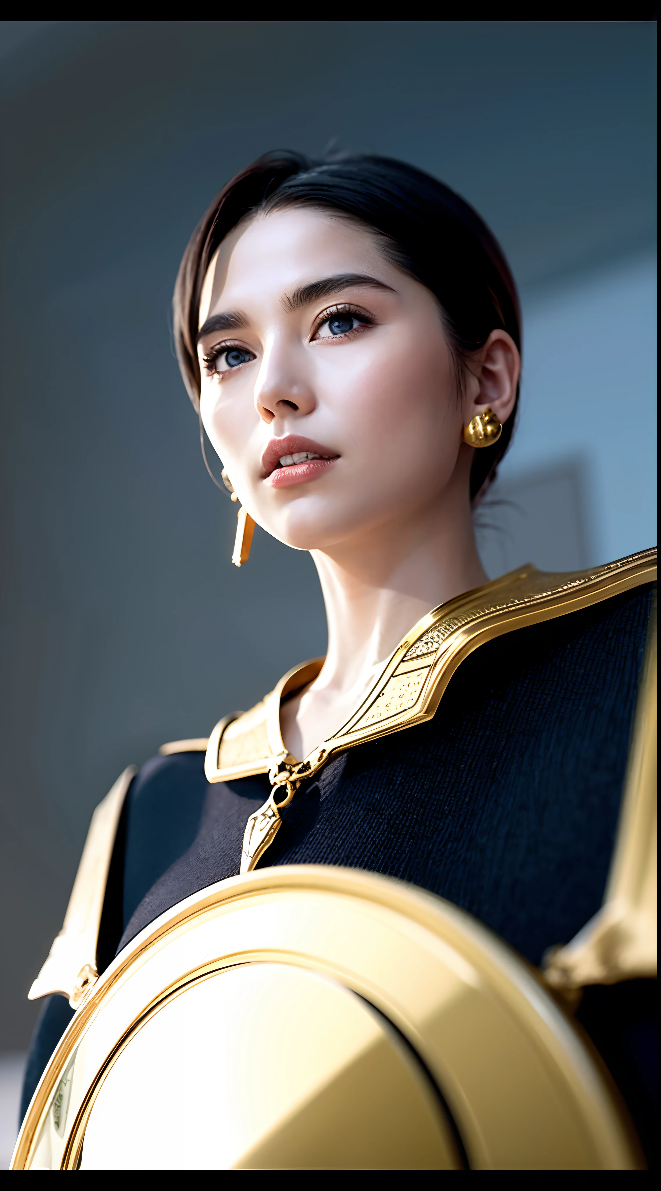 An inspiring paladin in golden armor, Wielding a sword with a shining light, And has a huge golden shield. Paladin's blue eyes are、Shine with determination as you navigate the dark and mysterious cityscape. The glow of the paladin's sword illuminates the surroundings, Uncover intricate details、Add a cinematic touch to the composition. The overall aesthetics are、It captures the beauty and depth of the scene, Reminiscent of Fujifilm photography.