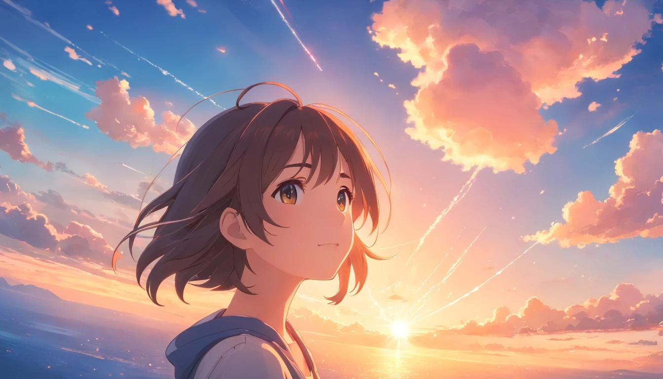 masterpiece, best quality, movie still, 1girl, cloud girl, floating in the sky, close-up, bright, happy, warm soft lighting, sunset, (sparks:0.7)