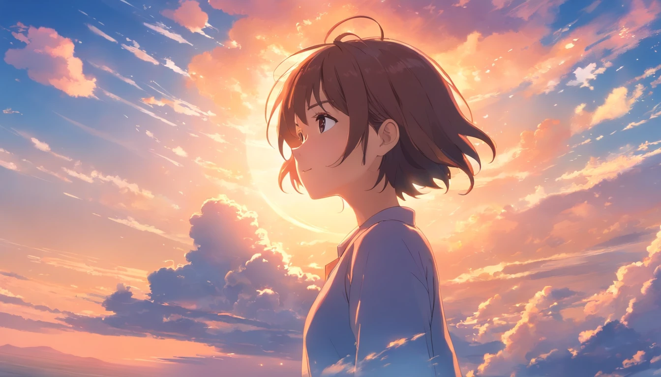 masterpiece, best quality, movie still, 1girl, cloud girl, floating in the sky, close-up, bright, happy, warm soft lighting, sunset, (sparks:0.7)