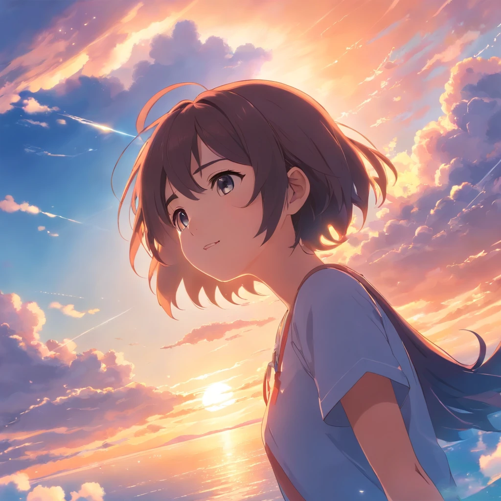 masterpiece, best quality, movie still, 1girl, cloud girl, floating in the sky, close-up, bright, happy, warm soft lighting, sunset, (sparks:0.7)