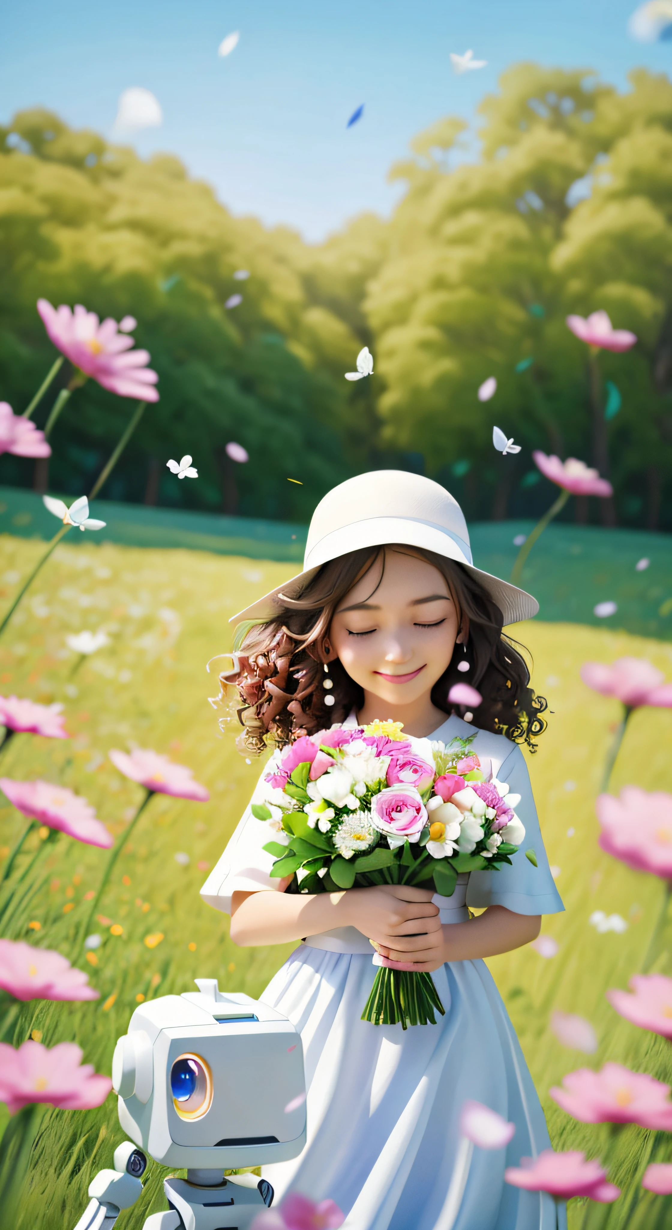 girl with curly hair,long hair girl,(No hats),(Girls don't have hats),white dresses,Girl in white dress without hat holding a bouquet of flowers with her eyes closed,The girl with her eyes closed smiles,(Close your eyes),ssmile,(There is a small white robot nearby),(white robot),digitial painting, Holding flowers, holding magic flowers, grassy fields,blue-sky,Fluttering petals,realisticlying,Ultra photo realsisim,by Atey Ghailan, Inspired by Atey ghailan, Detailed digital art, , number art, atey ghailan 8 k, Happy girl, 🌺 Zhongguang Society
Wait for it to start