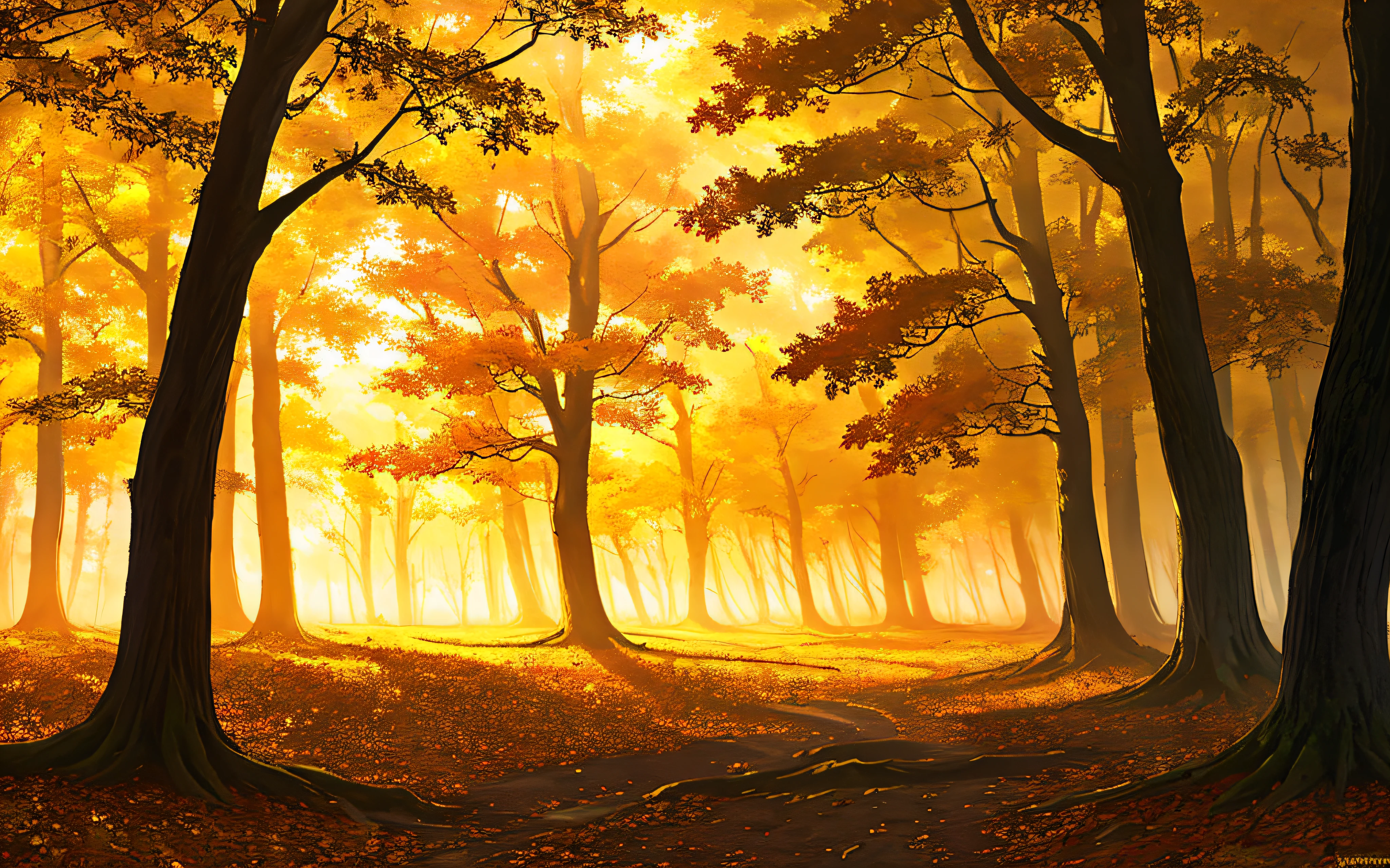 autumnal，golden，Wide composition，detailed back ground，Warm sunlight shines through the mist，vivd colour