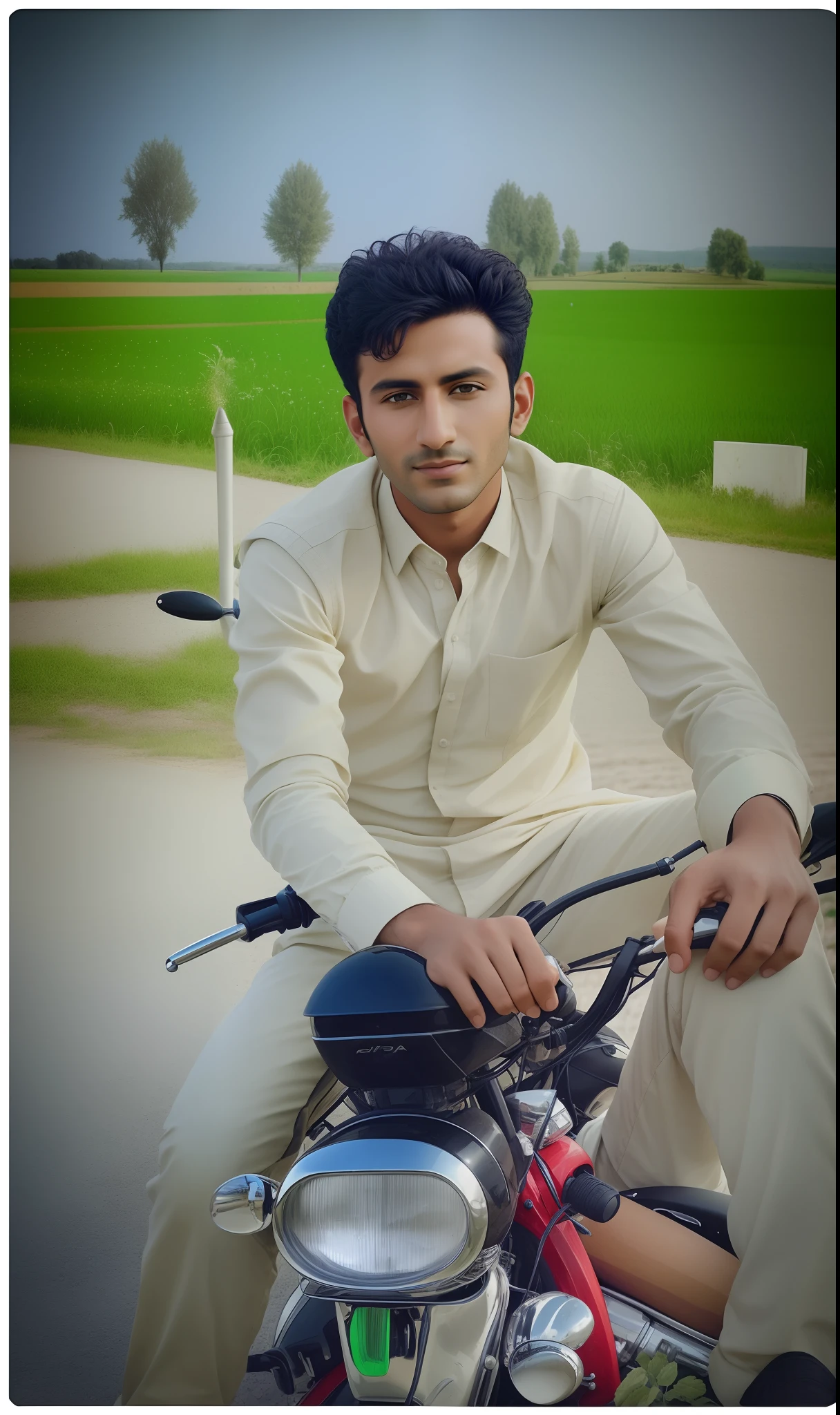 arafed man sitting on a motorcycle with a green field in the background, by Riza Abbasi, khyzyl saleem, photograpgy, edited in photoshop, very very low quality picture, ash thorp khyzyl saleem, old picture, kyza saleem, around 1 9 years old, !! low contrast!!, with lovely look