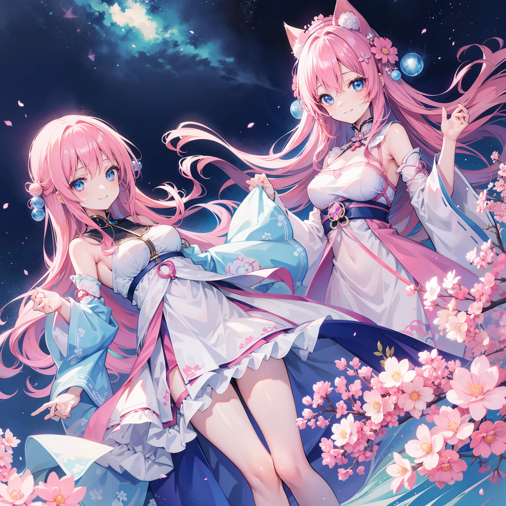 Detailed、Soft skin、Anime style、Blue eyes、Women in Their 20s、background cosmos、The long-haired、Pink hair、A smile、Copy from bottom to top、komono