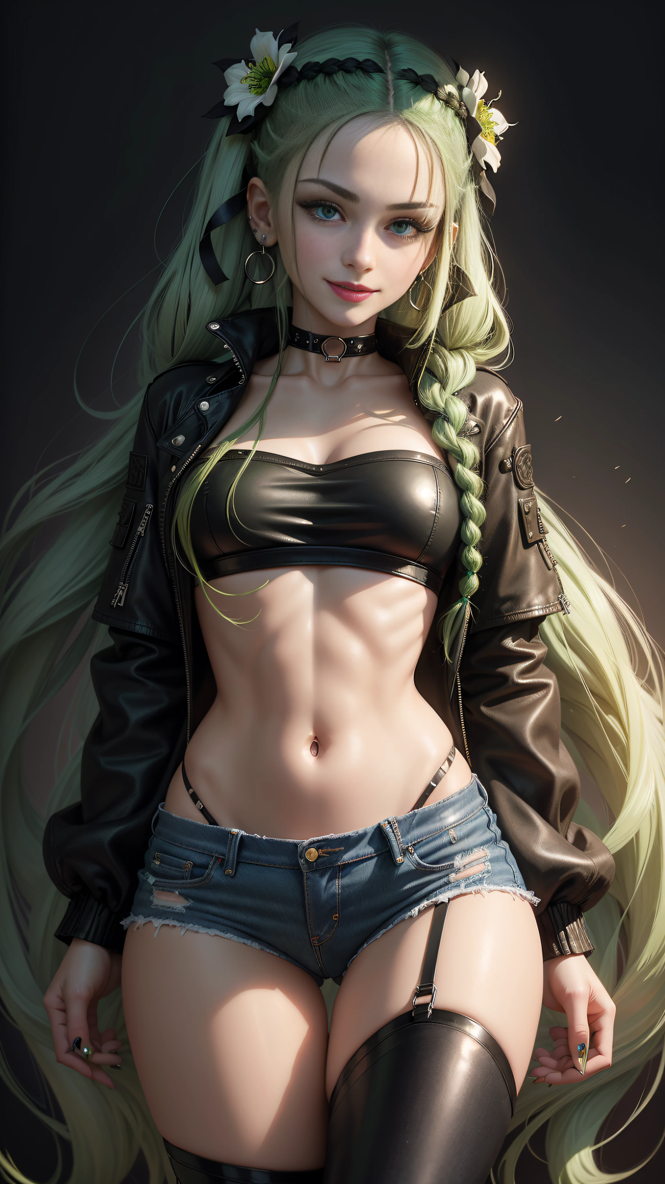 BLACKLIGHT, ((NSFW)), realistic art, extremely delicate and beautiful, ultra-detailed, (1girl), blue eyes, floating, detailed light, illustration, dynamic angle, depth of field, ((((milf)))), girly, long hair, ((green and black hair, multicoloured hair, green highlights hair, twin tails, hair ornament, hair flower, flower, makeup, braid, smile)), vampire eyes, showing fangs, pale white skin, (((blue jeans, Black leather jacket, green crop top, goth boots, long hair, navel, choker, smile, jewelry, earrings))), (ultra high res, best quality,), (8k, raw photo, best quality, masterpiece), technological sense, best quality, masterpiece, illustration,CG ,unity ,wallpaper, official art, Amazing, finely detail, an extremely delicate and beautiful,extremely detailed, highly detailed, sharp focus,rich background, (real person,photograph), ((high detailed skin)),