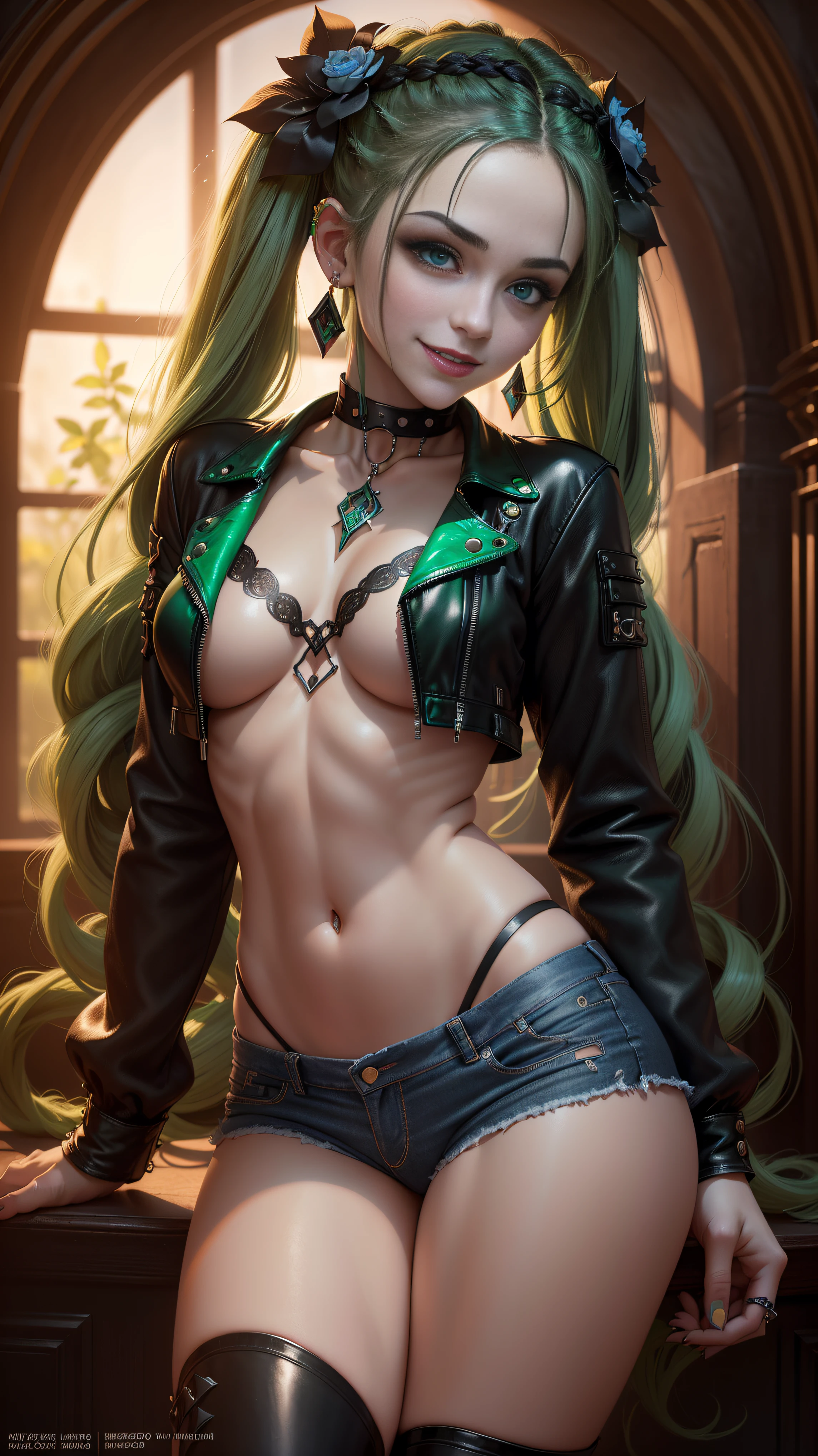BLACKLIGHT, ((NSFW)), realistic art, extremely delicate and beautiful, ultra-detailed, (1girl), blue eyes, floating, detailed light, illustration, dynamic angle, depth of field, ((((milf)))), girly, long hair, ((green and black hair, multicoloured hair, green highlights hair, twin tails, hair ornament, hair flower, flower, makeup, braid, smile)), vampire eyes, showing fangs, pale white skin, (((blue jeans, Black leather jacket, green crop top, goth boots, long hair, navel, choker, smile, jewelry, earrings))), (ultra high res, best quality,), (8k, raw photo, best quality, masterpiece), technological sense, best quality, masterpiece, illustration,CG ,unity ,wallpaper, official art, Amazing, finely detail, an extremely delicate and beautiful,extremely detailed, highly detailed, sharp focus,rich background, (real person,photograph), ((high detailed skin)),