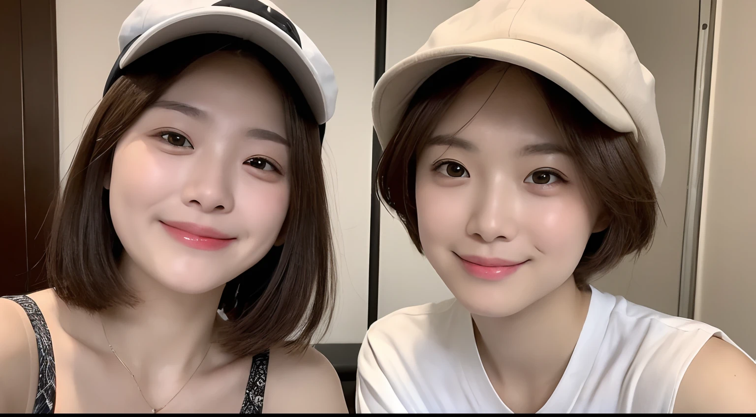 ((Best Quality, 8K, masutepiece: 1.3)), (Newsboy Hat: 1.3),Perfect Body Beauty: 1.4, (short-hair: 1.2)), (Stylish white café: 1.3), Highly detailed face and skin texture, Full body, Fine eyes, Double eyelids, Whitened skin, Long hair, (Round face: 1.5), (Loose crop top, Shorts: 1.6)、Smile with closed mouth、Group of 2