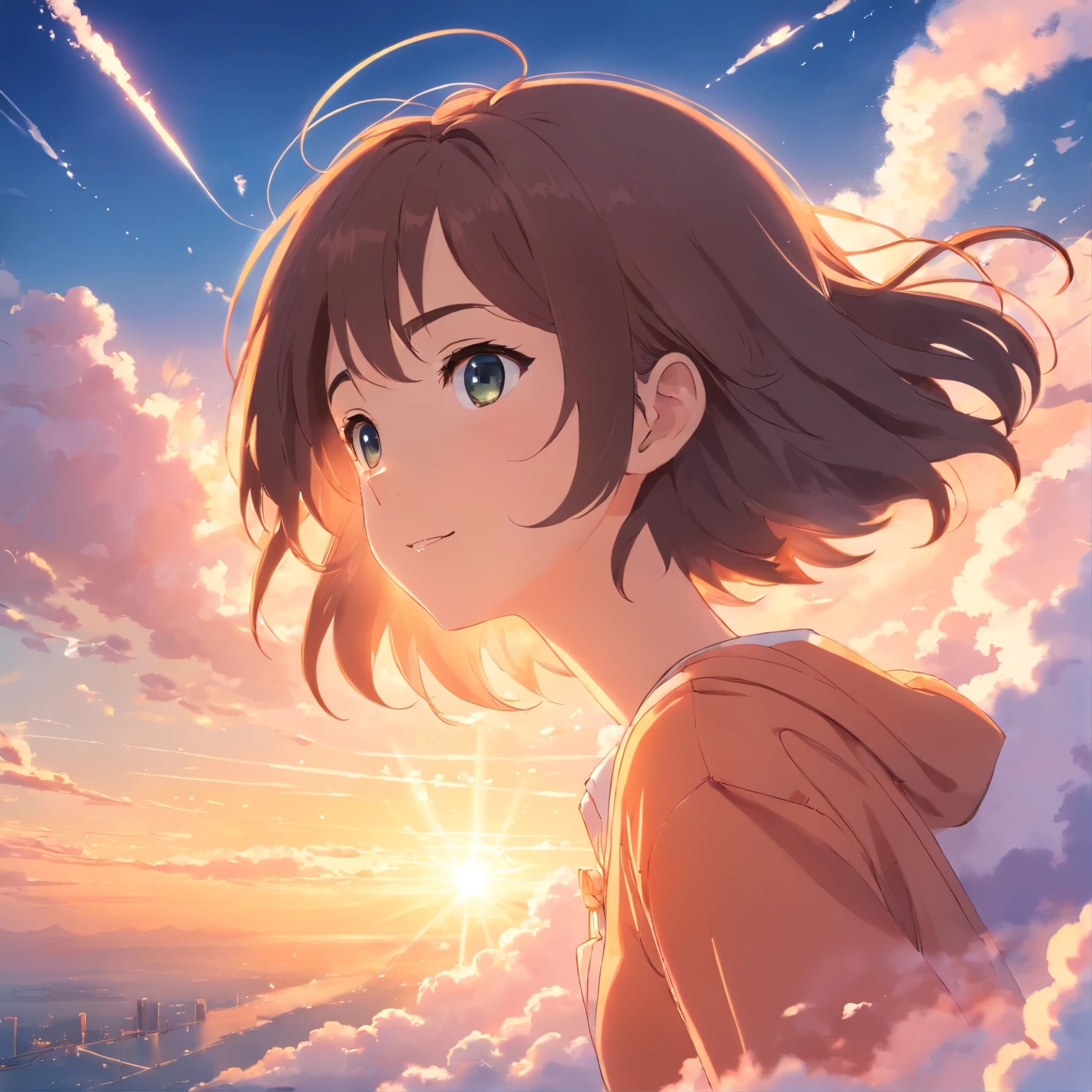 masterpiece, best quality, movie still, 1girl, cloud girl, floating in the sky, close-up, bright, happy, warm soft lighting, sunset, (sparks:0.7)