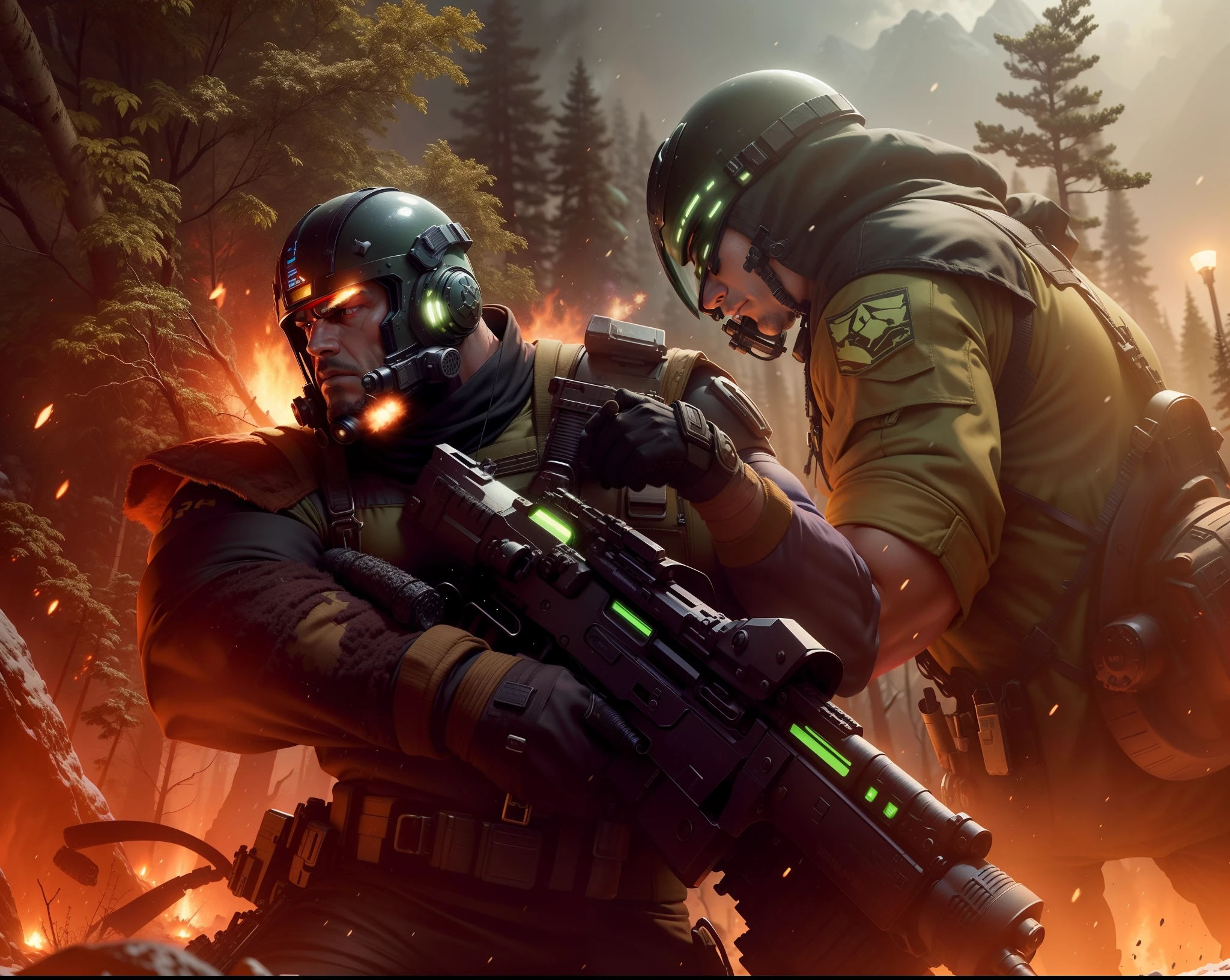 tuff guy survivalist, space marine uniform, budging muscles, helmet off, uniform torn, holding a futuristic rifle, dynamic pose, hunting a slimy black-green and purple alien creature in foreground, creature attacking, some alien pine forest cover rocky background, evening sky, stars and planets, on a snow covered alien planet, light snow falling with a bioluminescence, 24k resolution photorealistic hyperdetailed