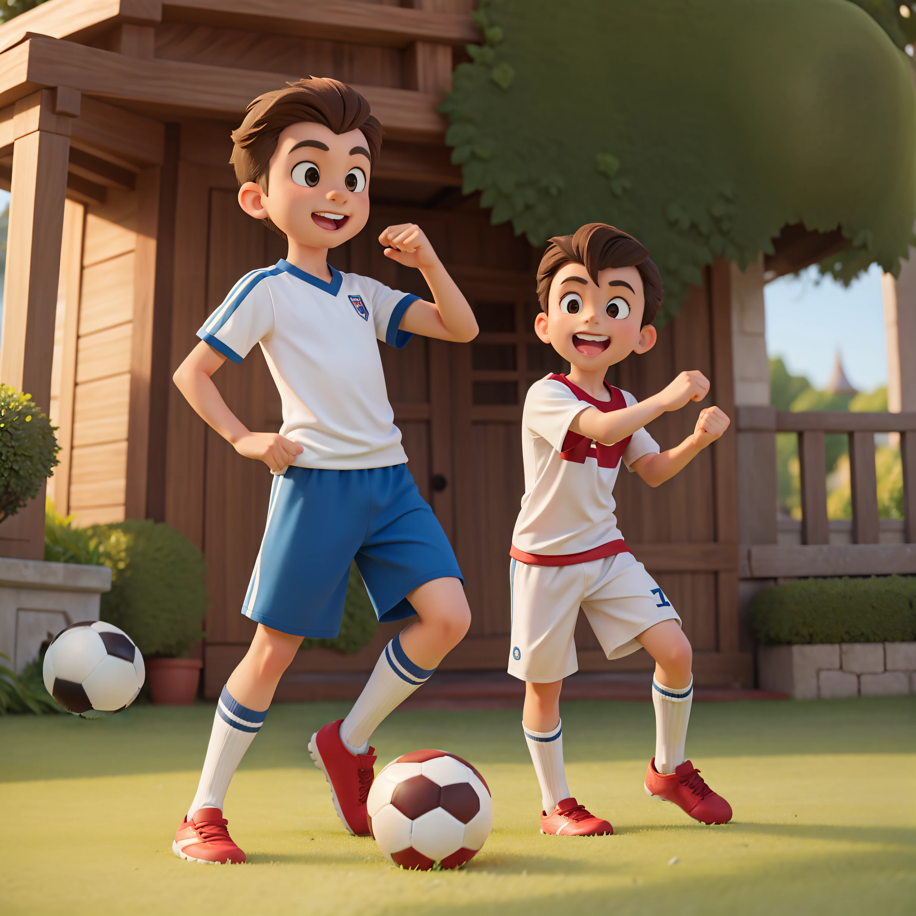 Boy and dog kicking a soccer ball in Disney style in the morning