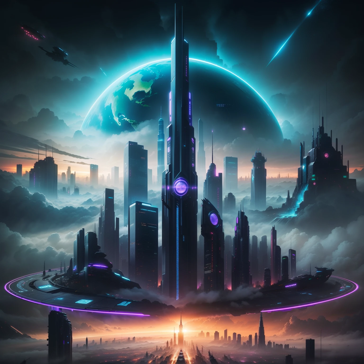 cyberpunked、Futuristic cities、planet earth、Skyscrapers towering through the clouds　cyberpunked.ＳＦart by、Utopian City、There is a super huge waterfall、Megacities、dream、top-quality　​masterpiece、Beautiful cities of the future　A space station