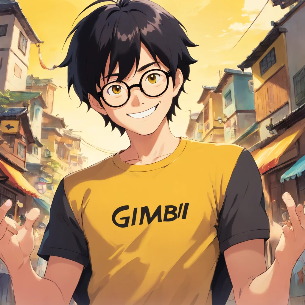 man with black hair, wearing black eyeglasses, wearing yellow t-shirt, smiling