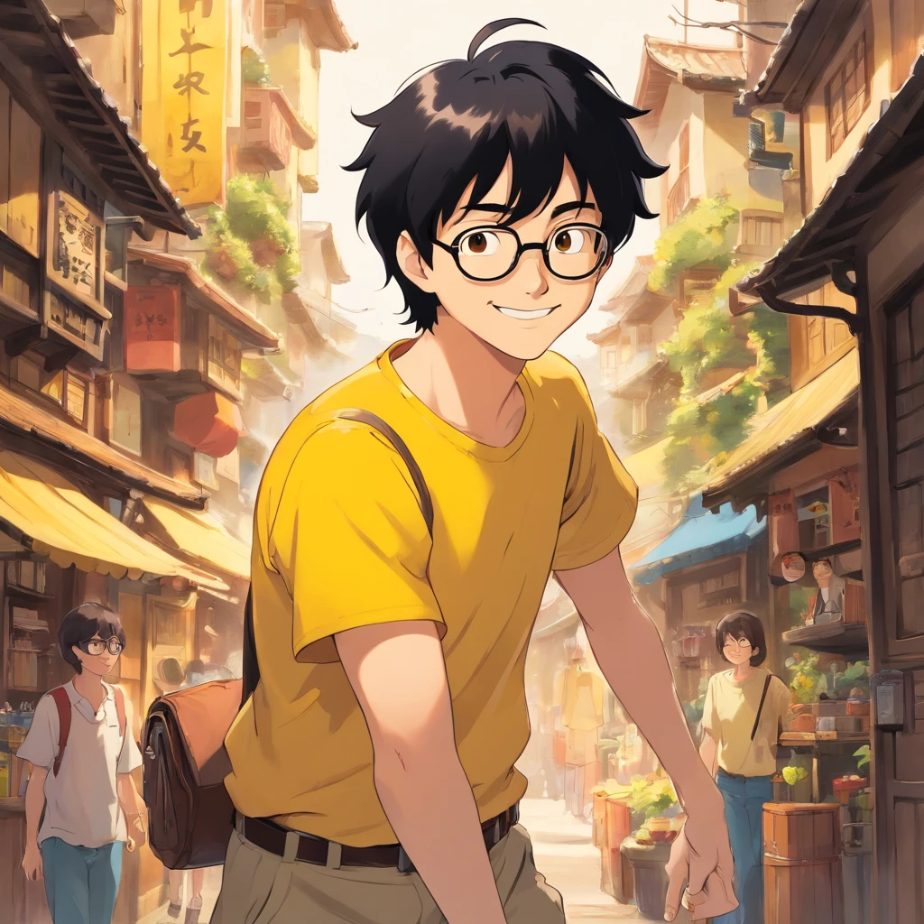 man with black hair, wearing black eyeglasses, wearing yellow t-shirt, smiling