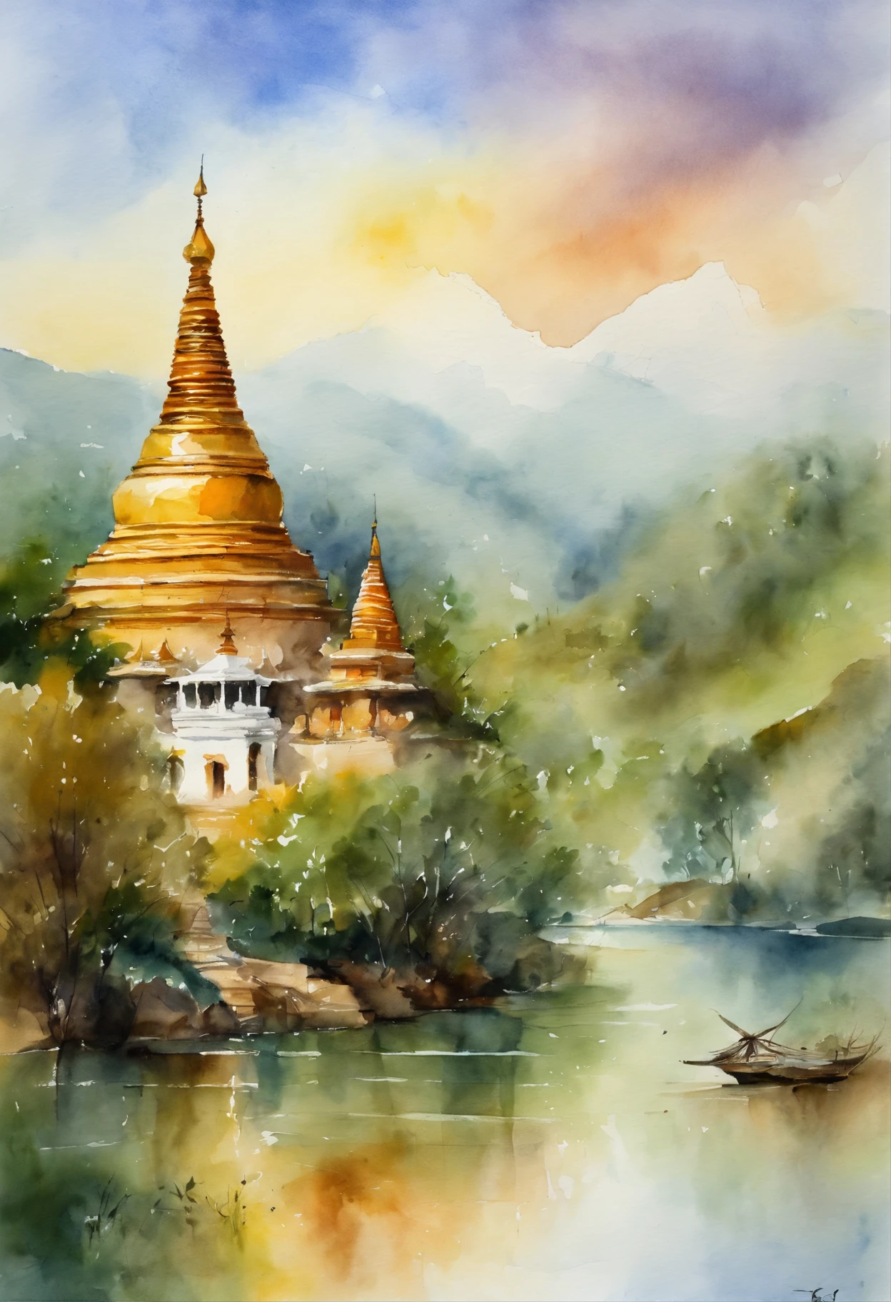 landscape of Myanmar, white pagoda and monastery on the hill, intricate image