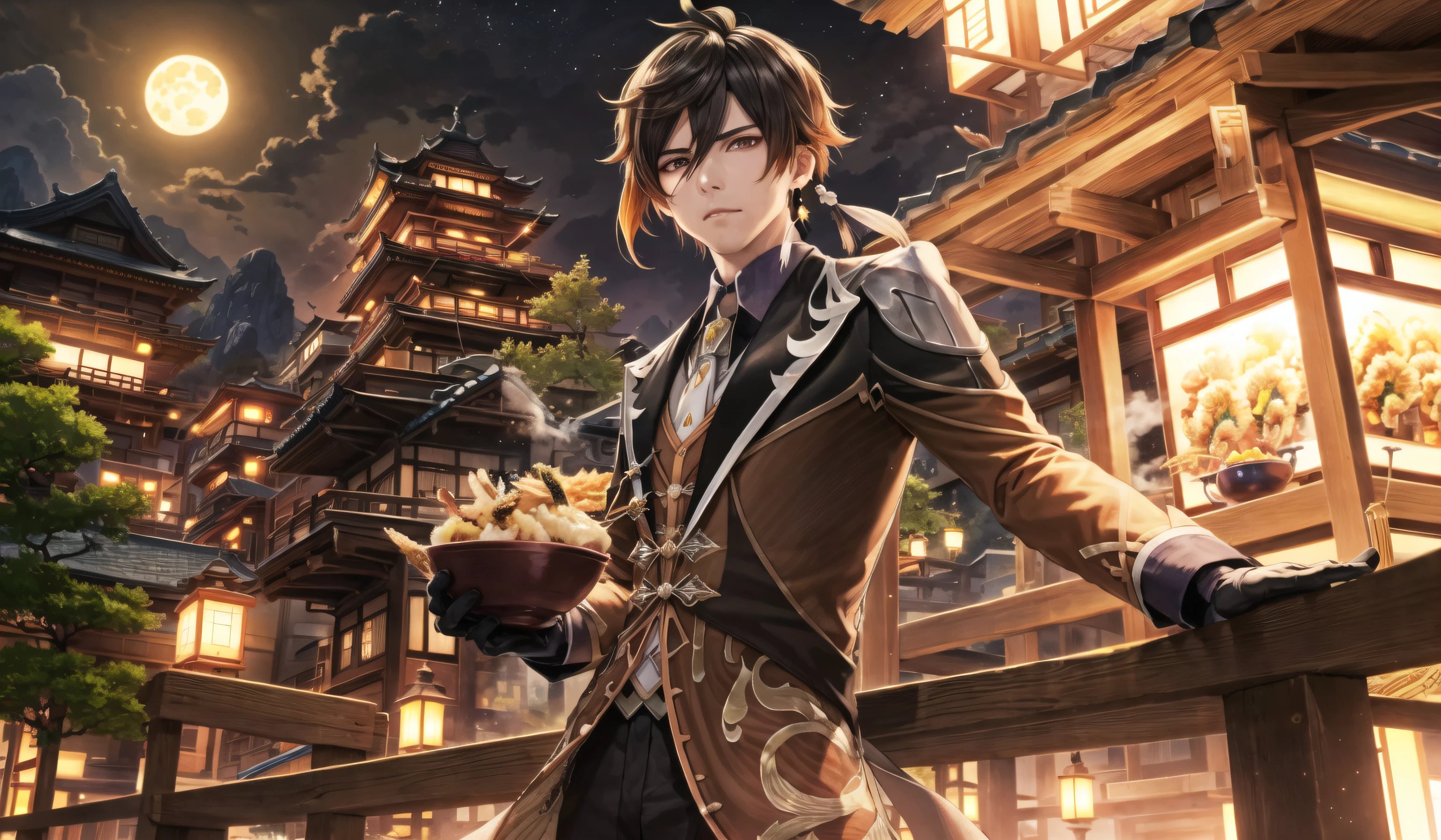 (extremely detailed CG unity 8k wallpaper, masterpiece, best quality, ultra-detailed), (best illumination, best shadow), perfect face, dynamic pose, dynamic angle,
((1boy)), solo, face, upperbody, food focus, zhongli (genshin impact), (tendon:1.1),
(holding big bowl:1.2), black bowl, (donburi, tendon, tempura, shrimp tempura:1.1), steam from food, table,
closed mouth, looking at viewer,
long hair, brown hair, lantern, single earring, gloves, tassel, bangs, black gloves, jewelry, tassel earrings,
ponytail, hair between eyes, jacket, long sleeves, yellow eyes, earrings, multicolored hair, shirt, necktie, collared shirt, formal, suit, pants, gradient hair
detailed background, liyue-kozue, scenery, night, stall, sky, moon, clouds, watercraft, bridge, sea, water, mountains,
(light particles:1.0),