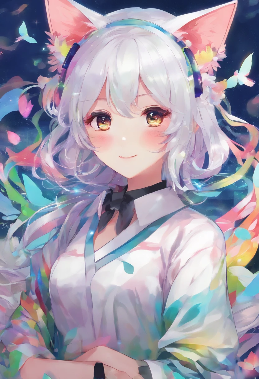 Colorful hair and colorful dress in anime ((cat-eared 1girl)), school uniform pastel vivid, rossdraws cartoon vivid, anime style 4k, beautiful anime portrait, artgerm colorful!!!、! dream art germ, beautiful anime, cat ear 1girl, anime style digital art, anime art wallpaper 4k, anime art wallpaper 4k, digital anime art, highly detailed art germ, school uniform, full body, sitting in her office, white hair, front view, smirking,