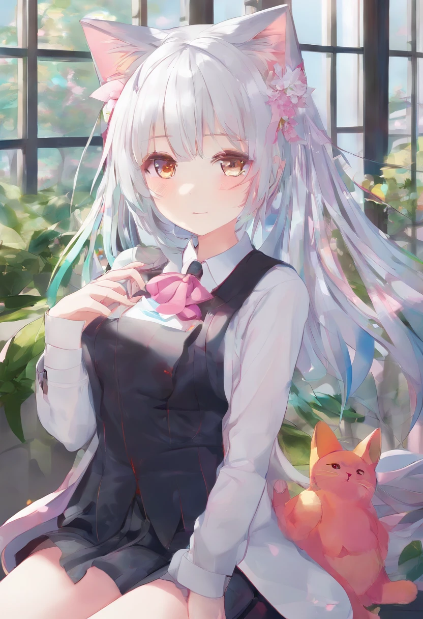 Colorful hair and colorful dress in anime ((cat-eared 1girl)),  school uniform pastel vivid, rossdraws cartoon vivid, anime style 4k, beautiful anime portrait, artgerm colorful!!!、! dream art germ, beautiful anime, cat ear 1girl, anime style digital art, anime art wallpaper 4k, anime art wallpaper 4k, digital anime art, highly detailed art germ, school uniform,  full body, sitting in her office, white hair, front view, smirking,