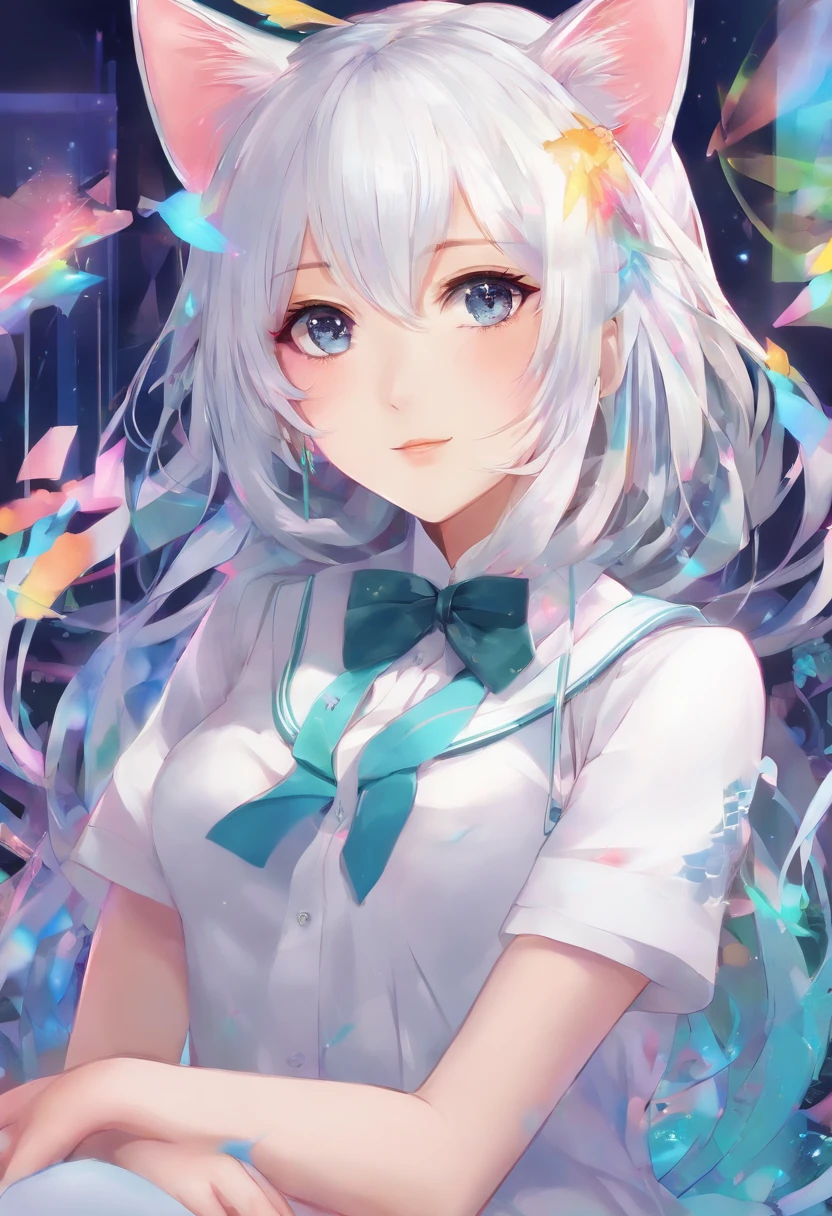 Colorful hair and colorful dress in anime ((cat-eared 1girl)), school uniform pastel vivid, rossdraws cartoon vivid, anime style 4k, beautiful anime portrait, artgerm colorful!!!、! dream art germ, beautiful anime, cat ear 1girl, anime style digital art, anime art wallpaper 4k, anime art wallpaper 4k, digital anime art, highly detailed art germ, school uniform, full body, sitting in her office, white hair, front view, smirking,