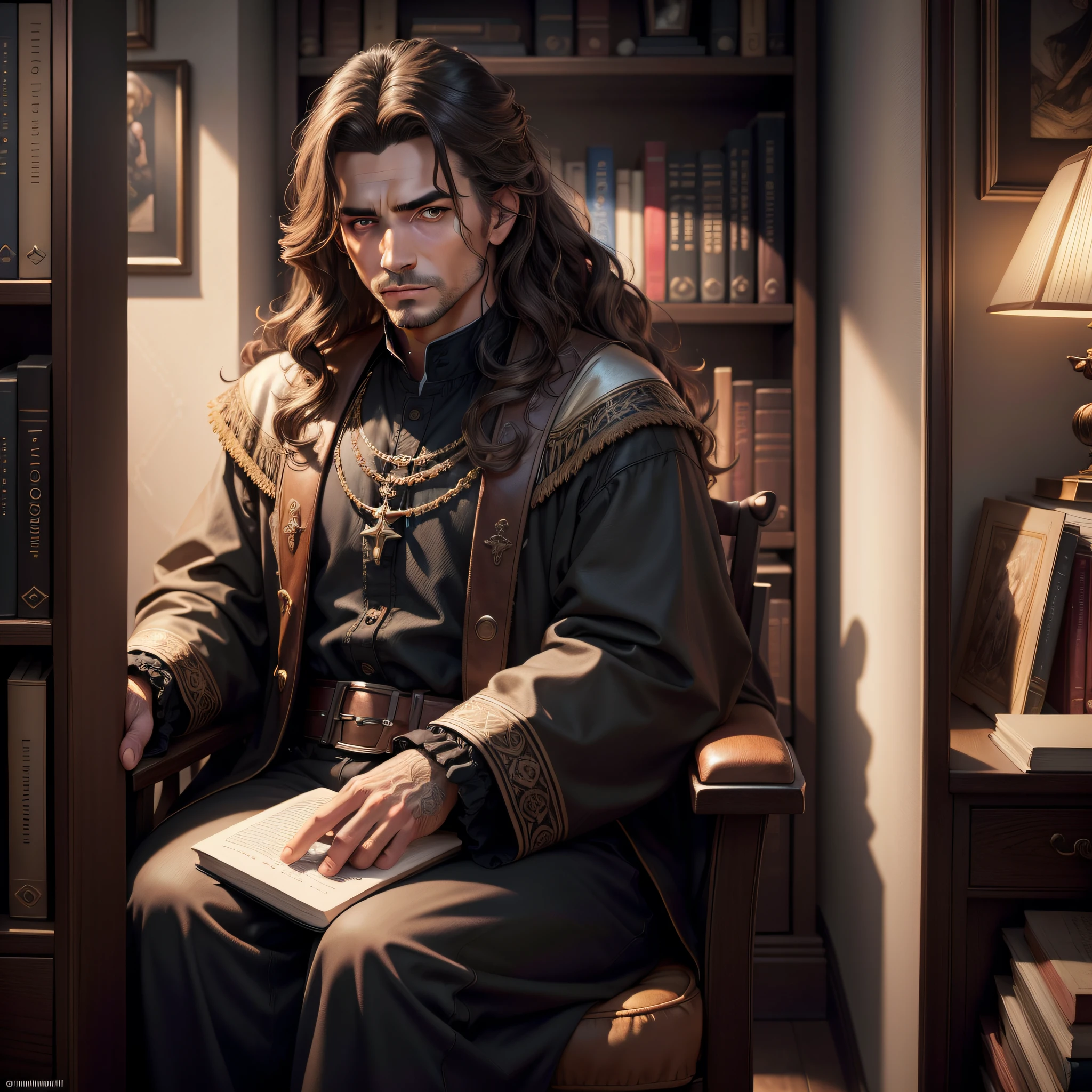Photo of a man with 75 years, beautiful brunette ((Model)) Christian Pastor, Looking forward seated, Light brown eyes, wavy hair, very imposing, feature of security and elegance, ((wearing palitó well ally)), (hypnotic), very detailed face, beautiful eyes, [in good shape],is holding a book apparently is a bible and behind a bookshelf, lovely,  (Rembrandt Lighting), zeiss lens, ultra realistic, (highly detailed skin: 1.2), 8k uhd, dslr, Dramatic Rim light, high quality, Fujifilm XT3,