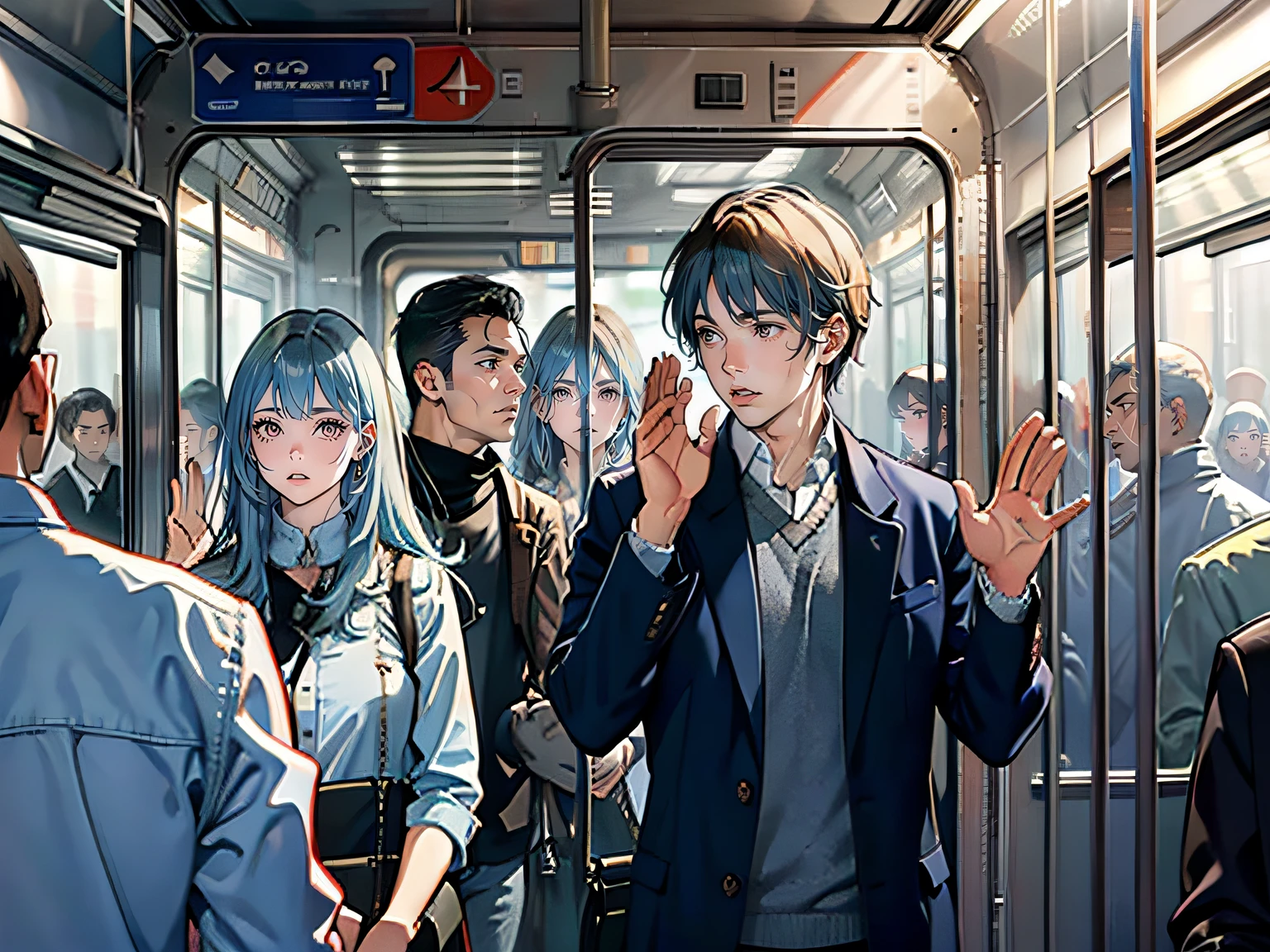Inside the subway car,An aunt and uncle are arguing,Crowded,A young man waved his hand