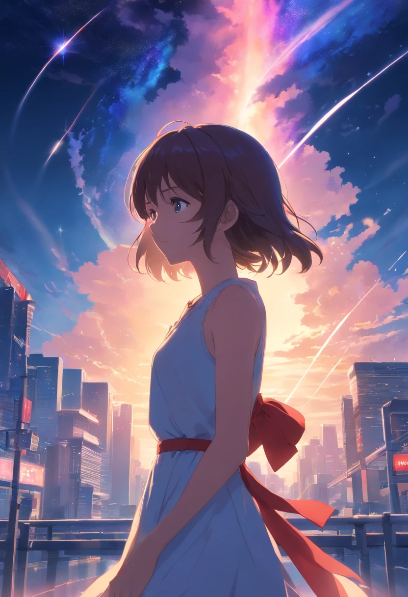 tmasterpiece,best qualtiy,cinematic Film still from,solo,1girl,Fine face,Fine hair,finely quality eyes,white dresses,Red ribbon,Cross your hands over your chest,(night sky background:0.7)