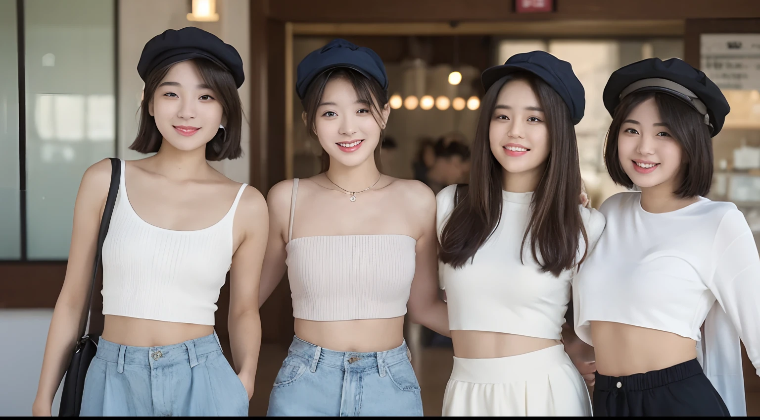 ((Best Quality, 8K, masutepiece: 1.3)), (Newsboy Hat: 1.3),Perfect Body Beauty: 1.4, (short-hair: 1.2)), (Stylish Brown Cafe: 1.3), Highly detailed face and skin texture, Full body, Fine eyes, Double eyelids, Whitened skin, Long hair, (Round face: 1.5), (Loose crop top, Shorts: 1.6)、Smile with closed mouth、Group of 2