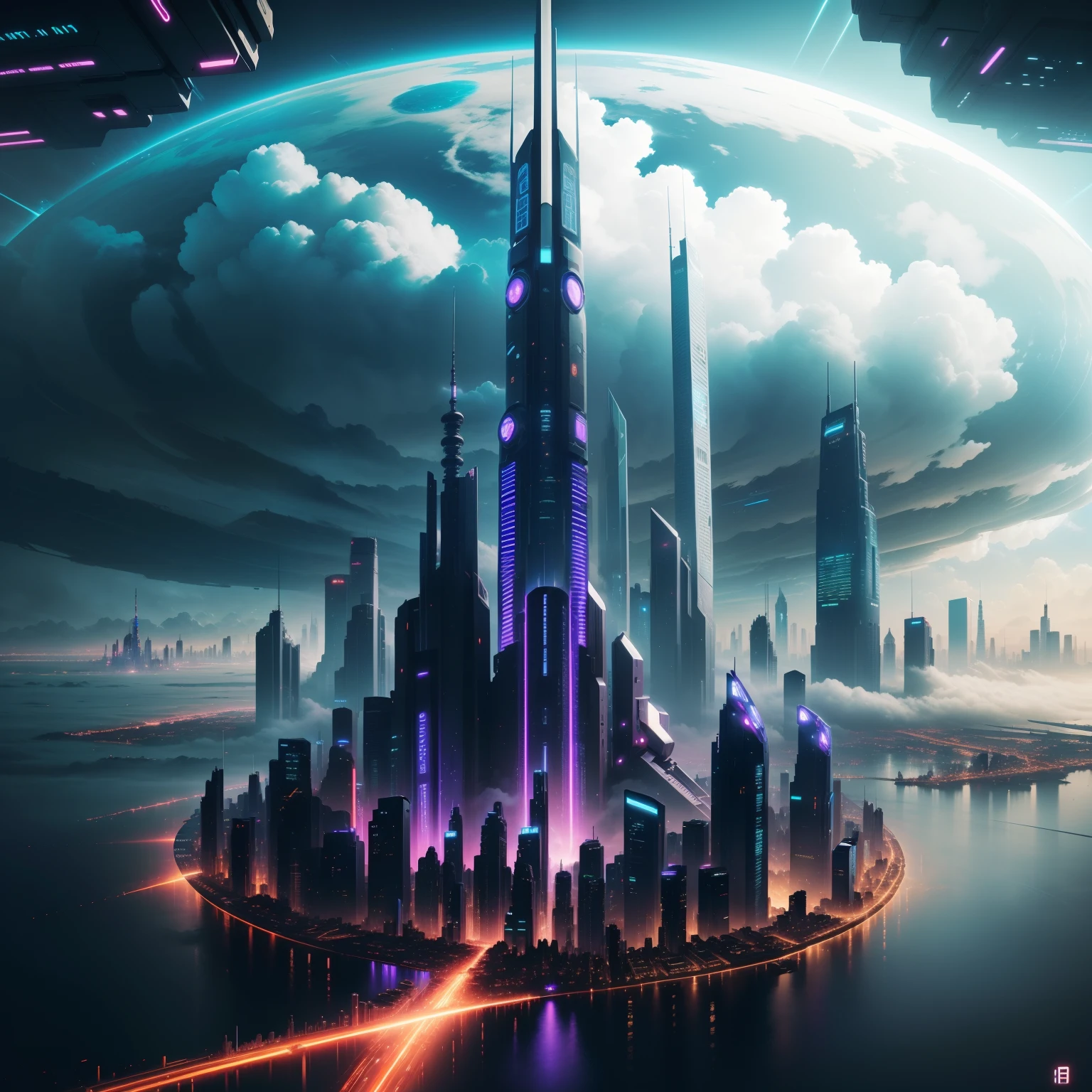 cyberpunked、Futuristic cities、planet earth、Skyscrapers towering through the clouds　cyberpunked.ＳＦart by、Utopian City、Megacities、dream、top-quality　​masterpiece、Beautiful cities of the future　mont　Space City