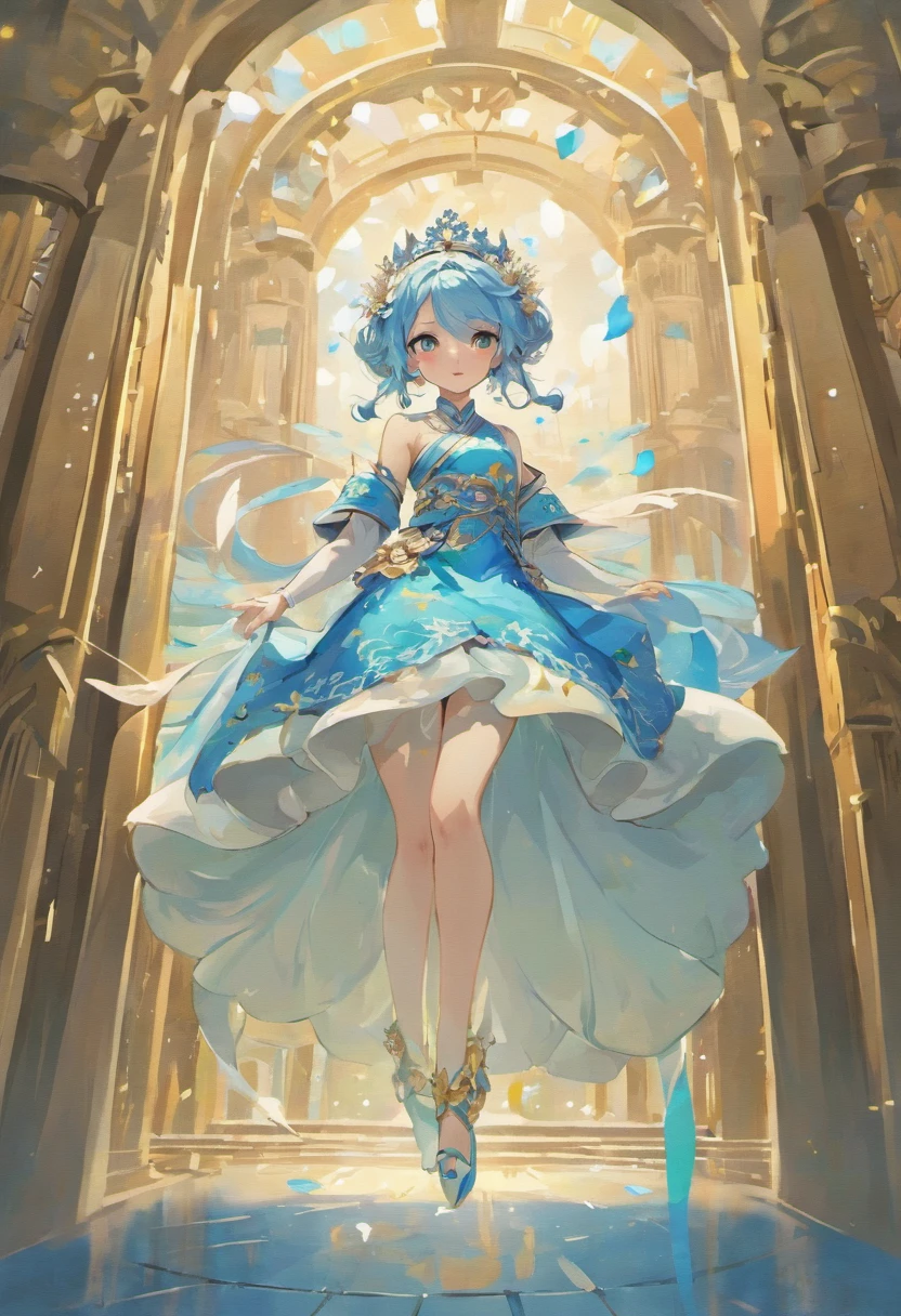 （in a panoramic view，Whole body diagram：1.5），（1 delicate girl playing on the swing），（Vine swing，Anime girl with blue hair and white dress with flower crown，palaces，hanfugirl），（Guviz-style artwork，Guvitz，inspired by Leng Mei，A beautiful fantasy queen，Inspired by Lee Mei Shu，Popular on CGstation，Inspired by Ai Xuan，Blue and white Hanfu，High heels，a beautiful fantasy empress：1.5），（A flowing dress，conservative girl，cloud goddess，Flowing blue and white patterned fabric，wearing flowing dress，Realistic）， (Wind: 1.5)，(full bodyesbian:1.5)，（senior color matching，gradient backgrounds，white backgrounid）