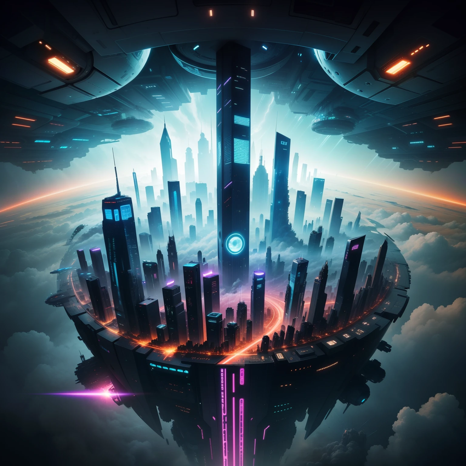 cyberpunked、Futuristic cities、planet earth、Skyscrapers towering through the clouds cyberpunked.SFart by、Utopian City、Megacities、dream、top-quality masterpiece、Beautiful cities of the future mont Space City