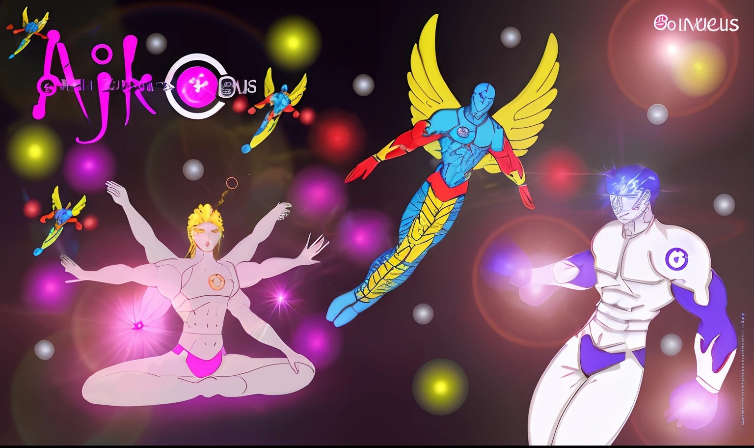 There are two different color images of a man and a woman, some cosmic angels, inspirado em Hiromu Arakawa, Energy Dynamic Pose, inspired by Mœbius, arte de fundo, an epic anime of a energy man, Transhumanist Dance, energetic beings patrolling, hero pose colorful city lighting, poder auras, fan art, Fanart