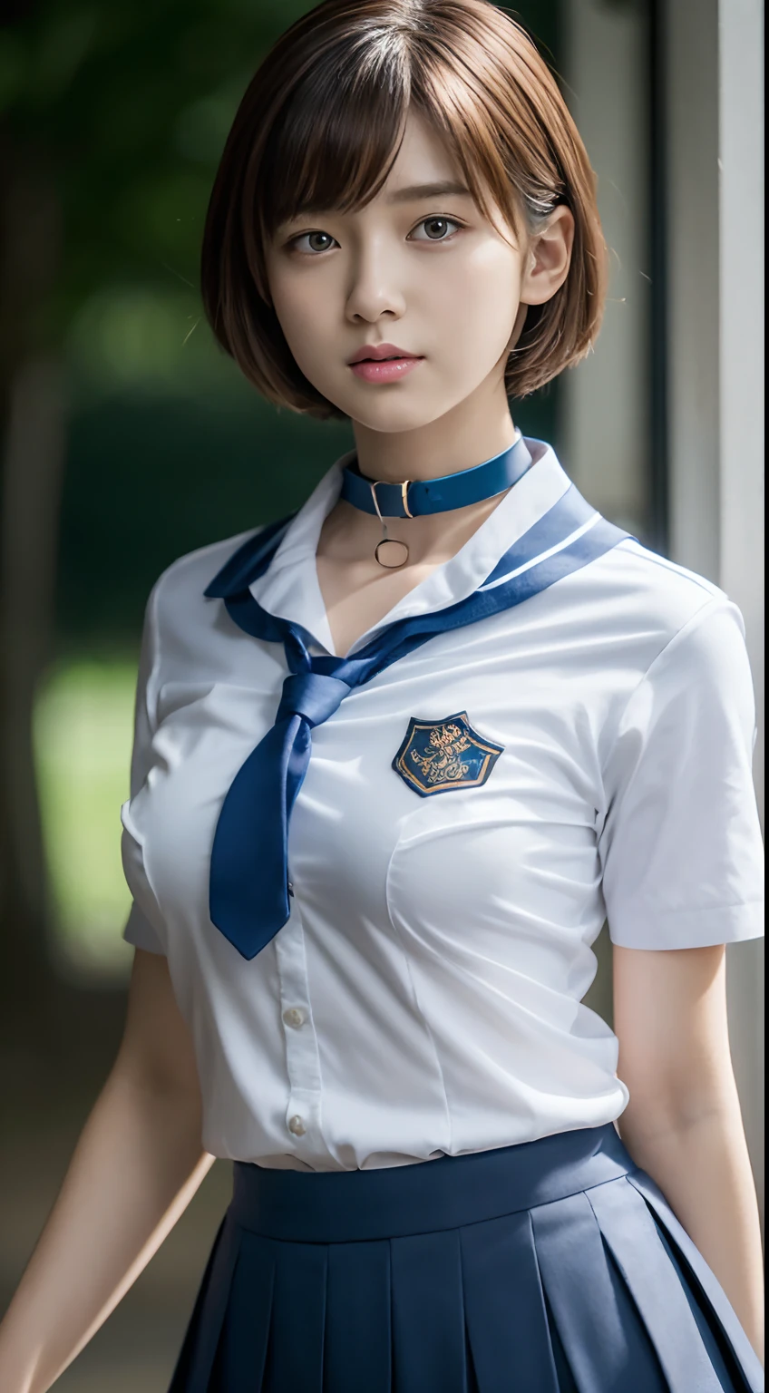 masterpiece, top-quality, masterpiece, top-quality, Official art ,the Extremely Detailed CG Unity 8K Wallpapers, (Shorthair、Colossal tits、Japanese student uniform、shirt with collar、neck tie、adult-like、Short pleated skirt), (musculature:1.2), vaginal, 1girl in