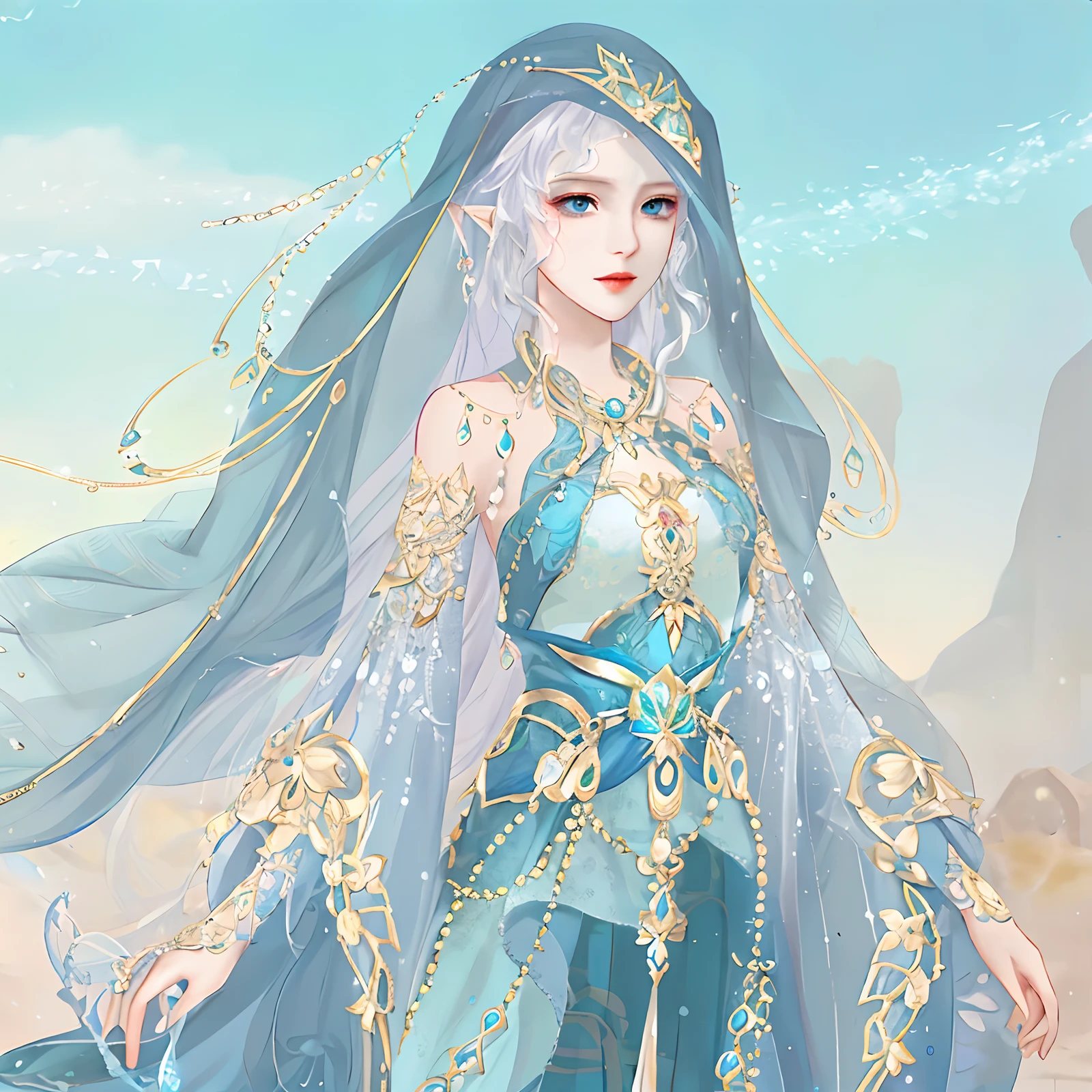 Anime - Stylistic image of a woman in a blue dress and veil, a beautiful fantasy empress, ((a beautiful fantasy empress)), Fantasy art style, Ethereal fantasy, Beautiful young wind spirit, Inspired by Lan Ying, queen of the sea mu yanling, beautiful and elegant elf queen, alluring elf princess knight, flowing magical robe, Beautiful celestial mage, elven princess