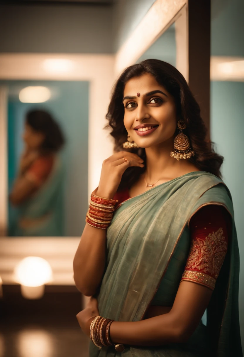 Indian woman, saree, taking a mirror selfie in a changing room, onoff, best quality, both eyes are the same, perfect face, hd, 2k, 4k , 8k, 16k, monochromatic, smiling, tall,anatomically correct, bright light,