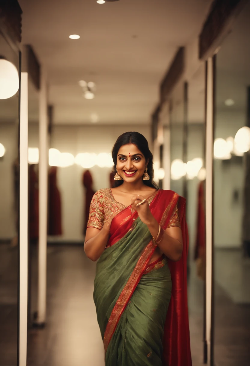 Indian woman, saree, taking a mirror selfie in a changing room, onoff, best quality, both eyes are the same, perfect face, hd, 2k, 4k , 8k, 16k, monochromatic, smiling, tall,anatomically correct, bright light,