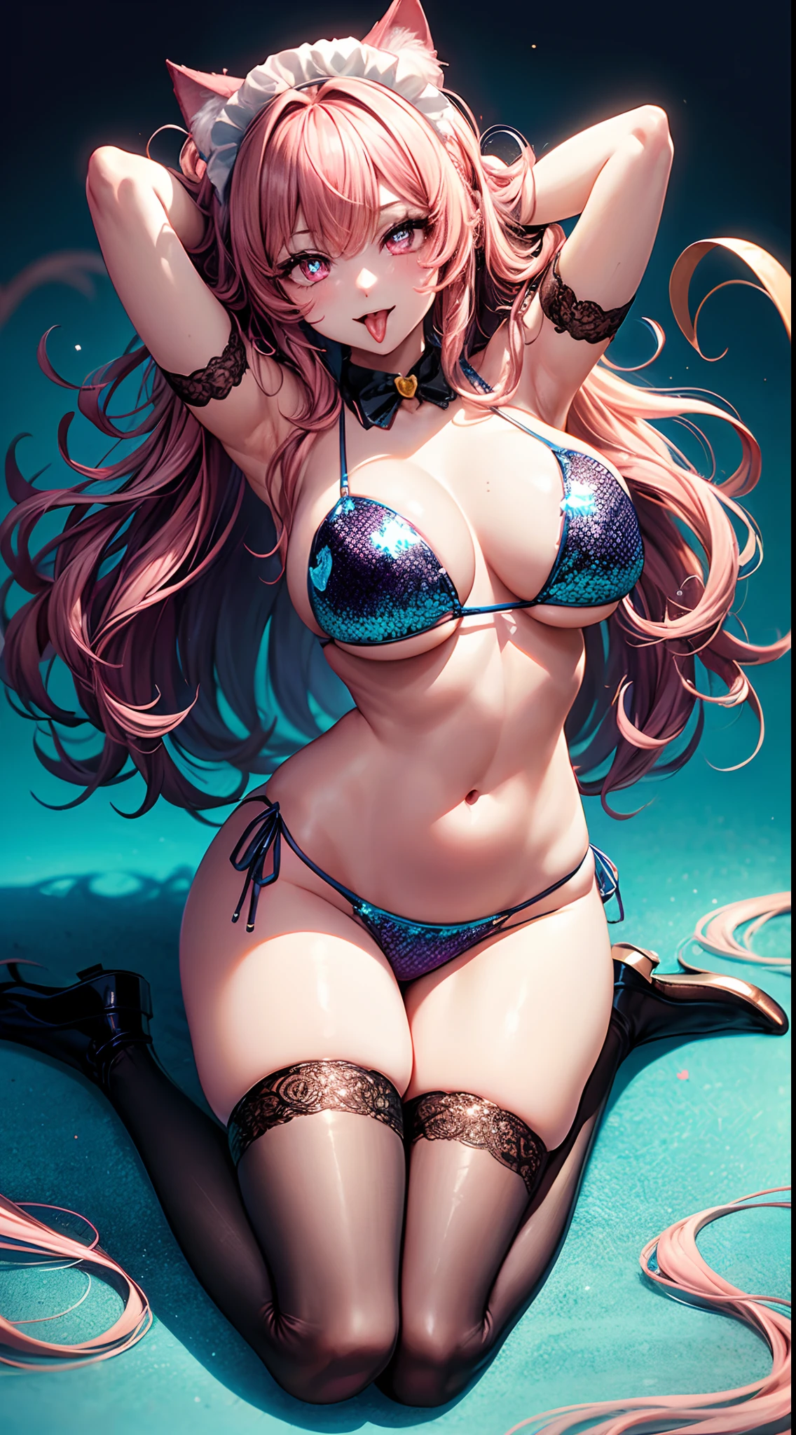 realisitic、top-quality、1woman, cat ear、(maid costume) (pink wavy hair) long tongue、(((heart shaped pupils))) ((blue sequin bikini)) lace gloves ,big breasts、wariza、arms behind head