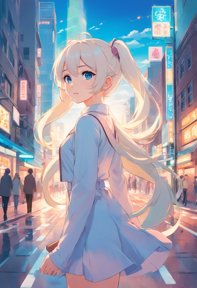 White color hair,Double ponytail curls,blue color eyes,White Lolita,Beth,A bustling city street
